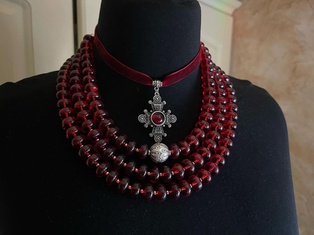 Ukrainian Traditional Multirow Necklace with Indian Glass Beads and Ethnic Ceramics