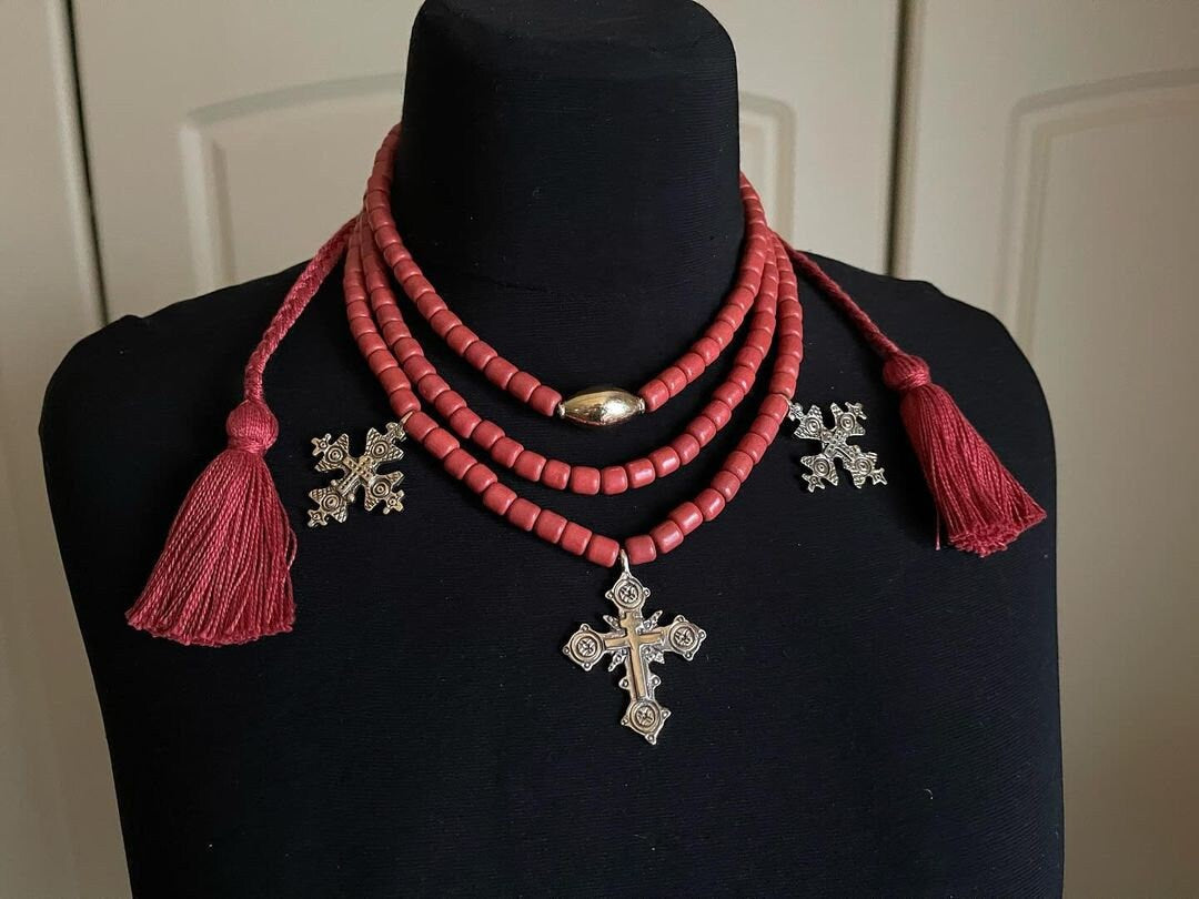 Red Ukrainian Traditional Multi-Row Ceramic Bead Necklace