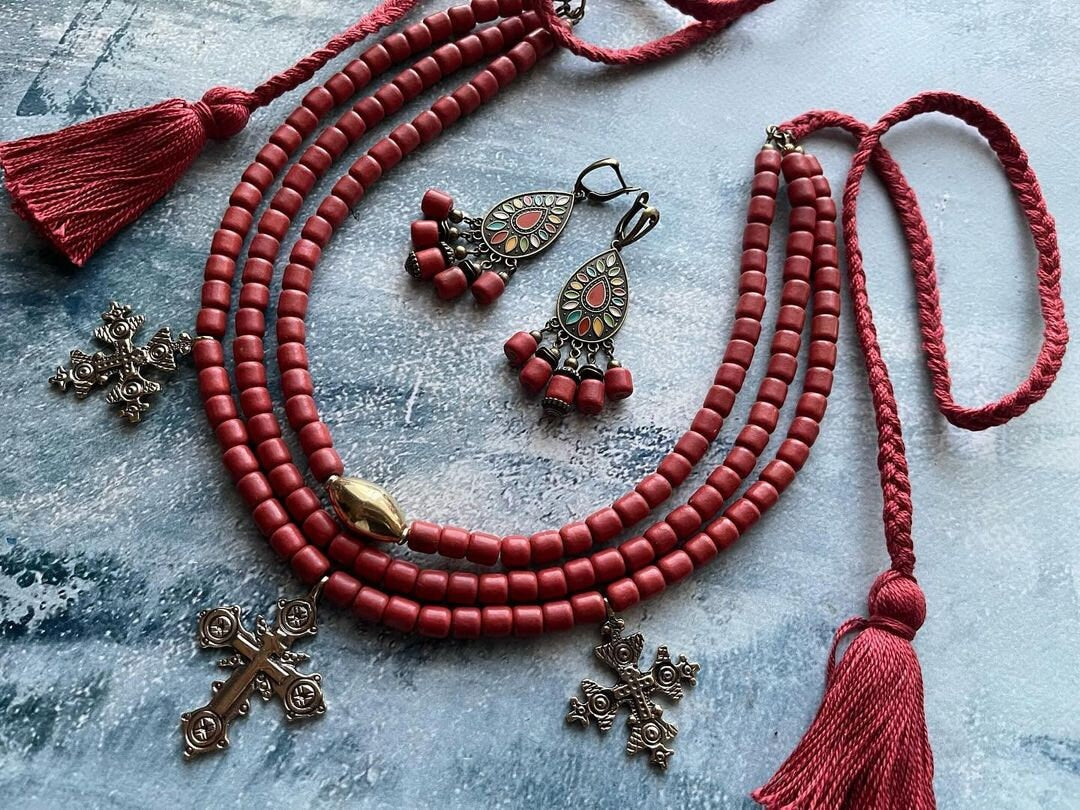 Red Ukrainian Traditional Multi-Row Ceramic Bead Necklace