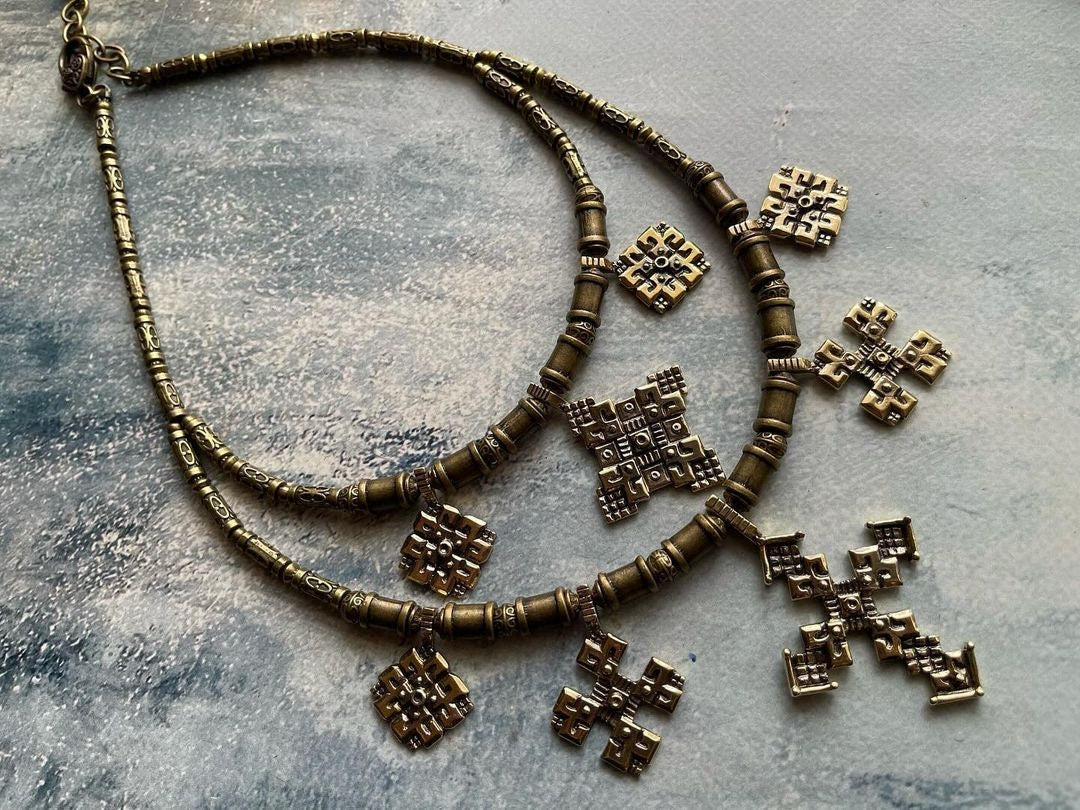 Ethnic Ukrainian Metal Cross Necklace with Brass Pendants for Women