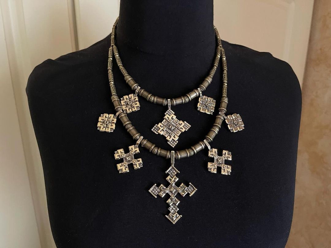 Ethnic Ukrainian Metal Cross Necklace with Brass Pendants for Women