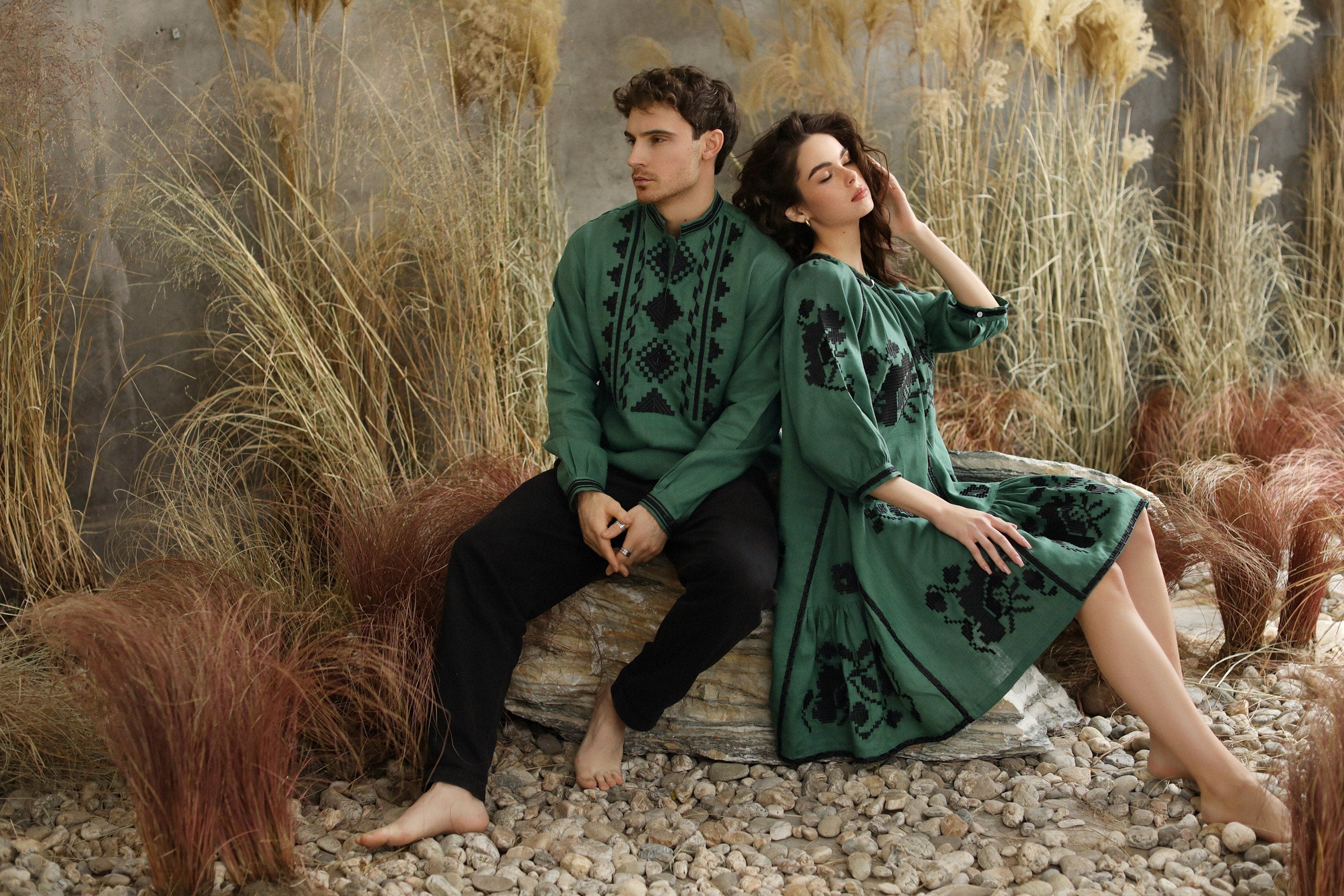 Family Look Green: Women's Dress, Men's Shirt & Daughter's Dress - Embroidered Vyshyvanka for Mother's Day