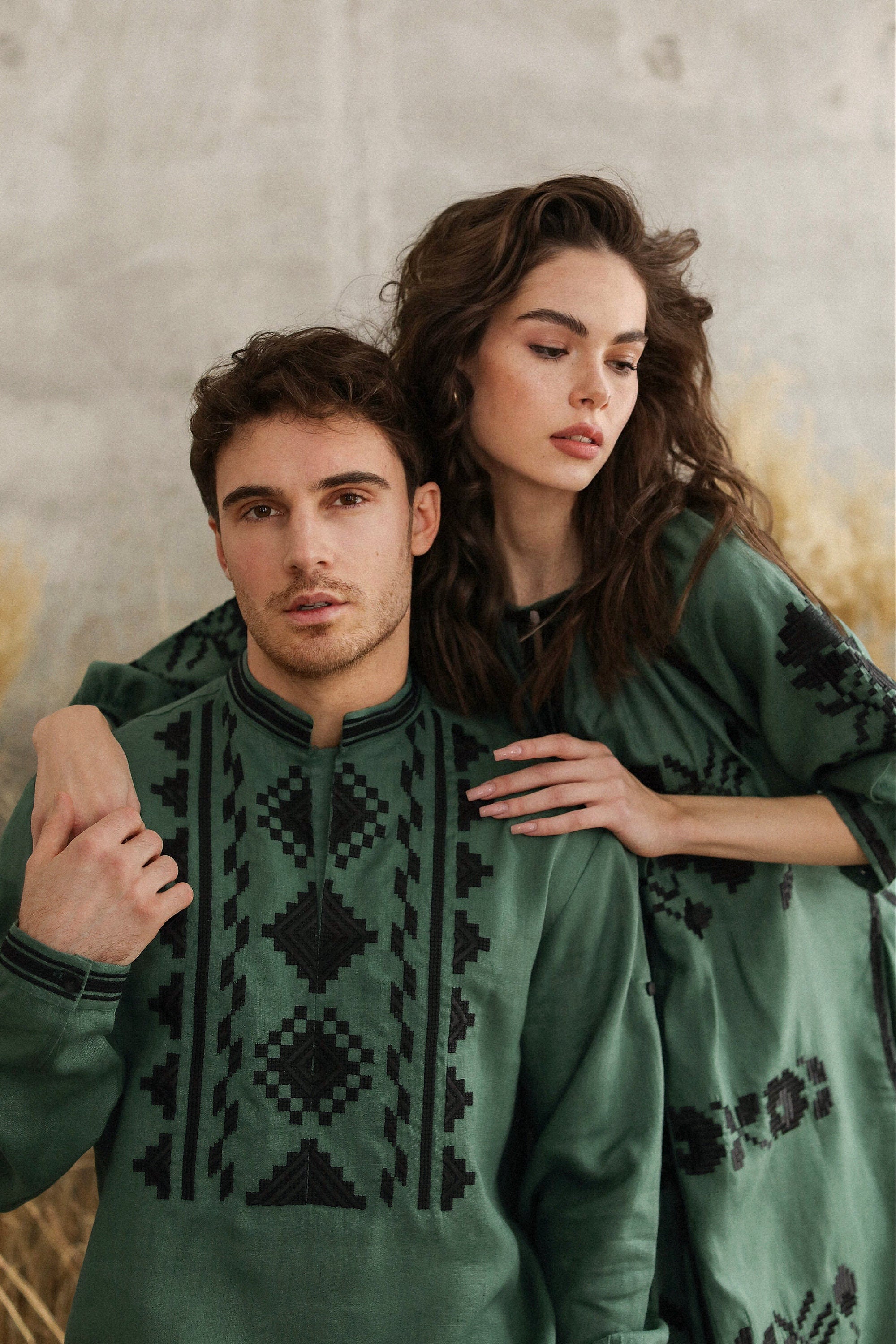 Family Look Green: Women's Dress, Men's Shirt & Daughter's Dress - Embroidered Vyshyvanka for Mother's Day