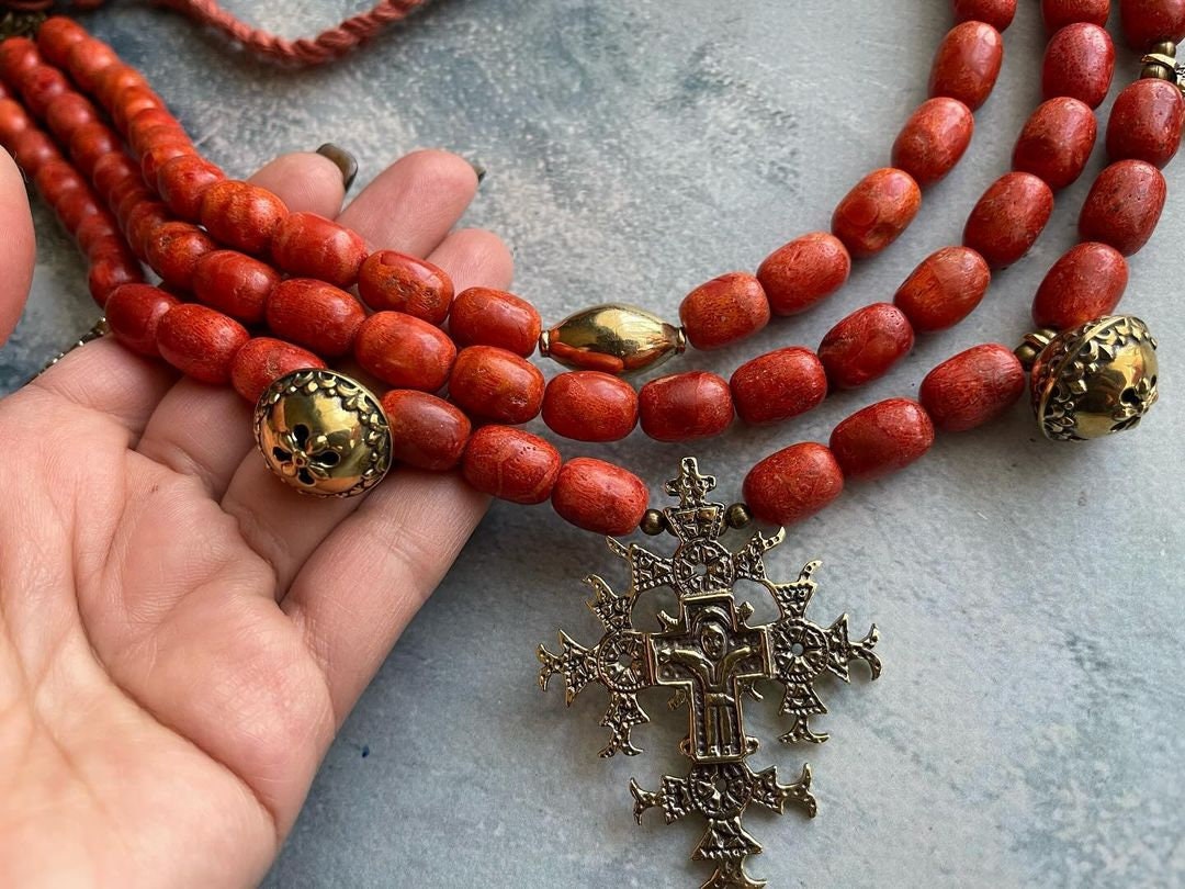 Red Ukrainian Traditional Multirow Necklace with Natural Coral and Ethnic Ceramics