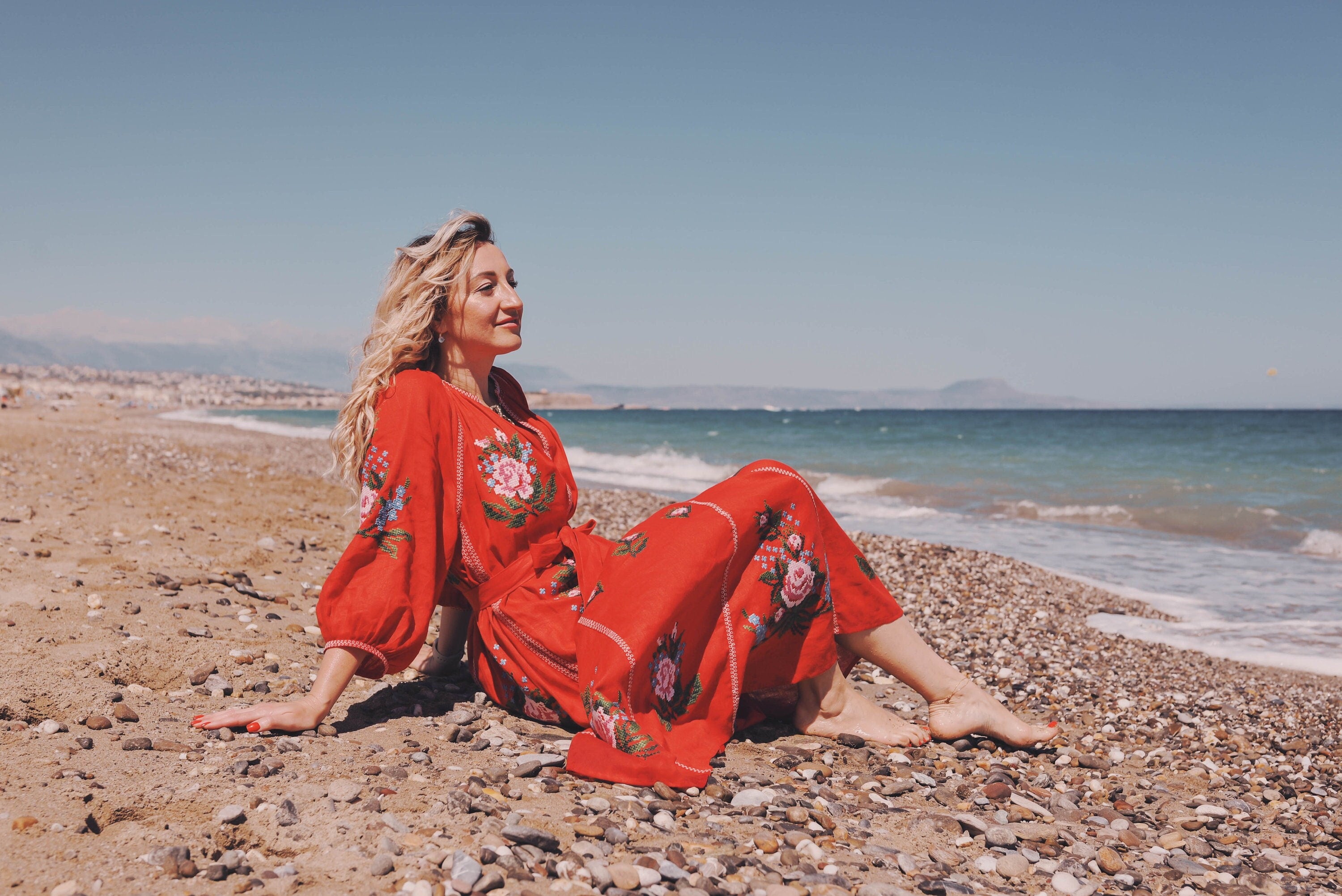Red Linen Ukrainian Embroidered Boho Dress for Women