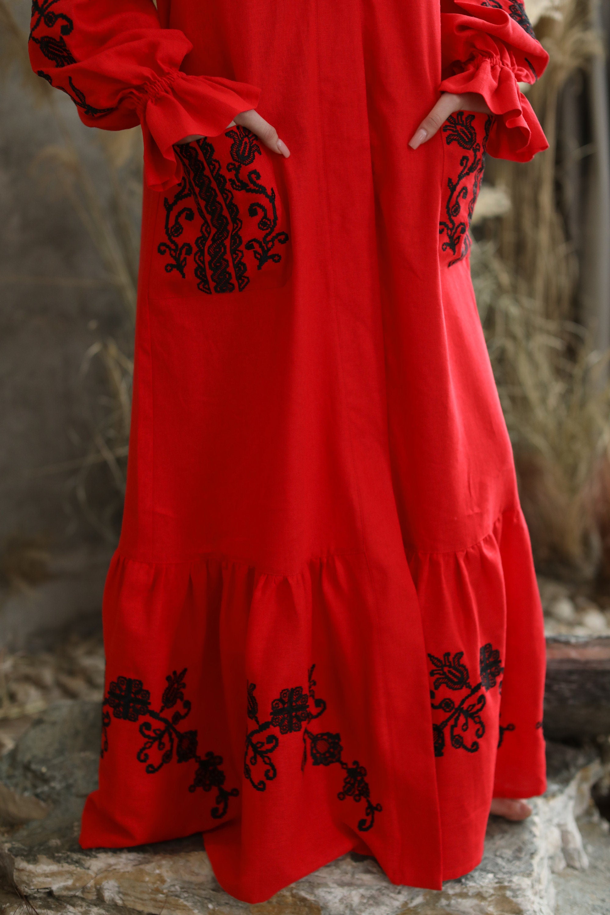 Red Ukrainian Embroidered Tree of Life Linen Boho Chic Dress