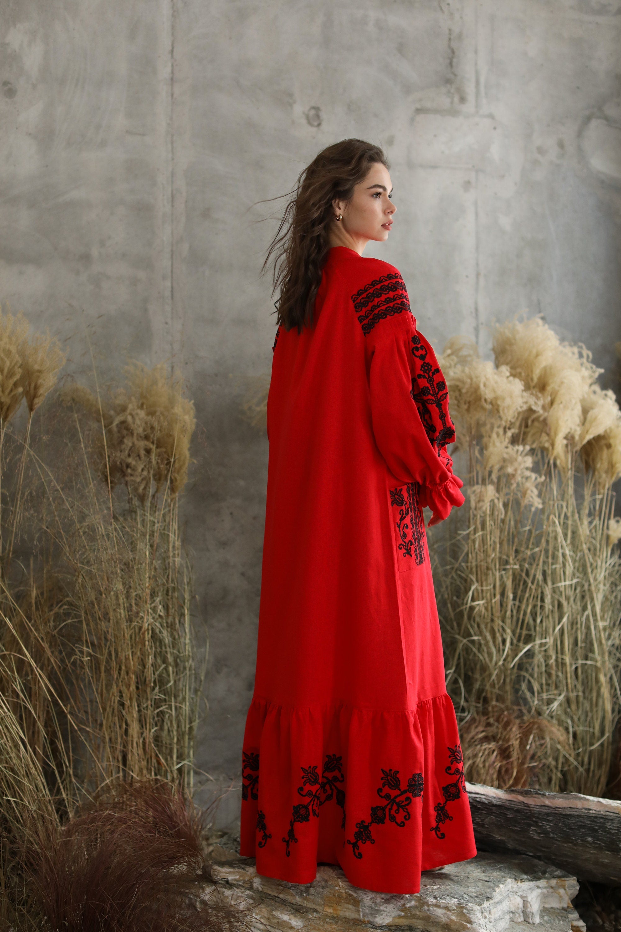 Red Ukrainian Embroidered Tree of Life Linen Boho Chic Dress