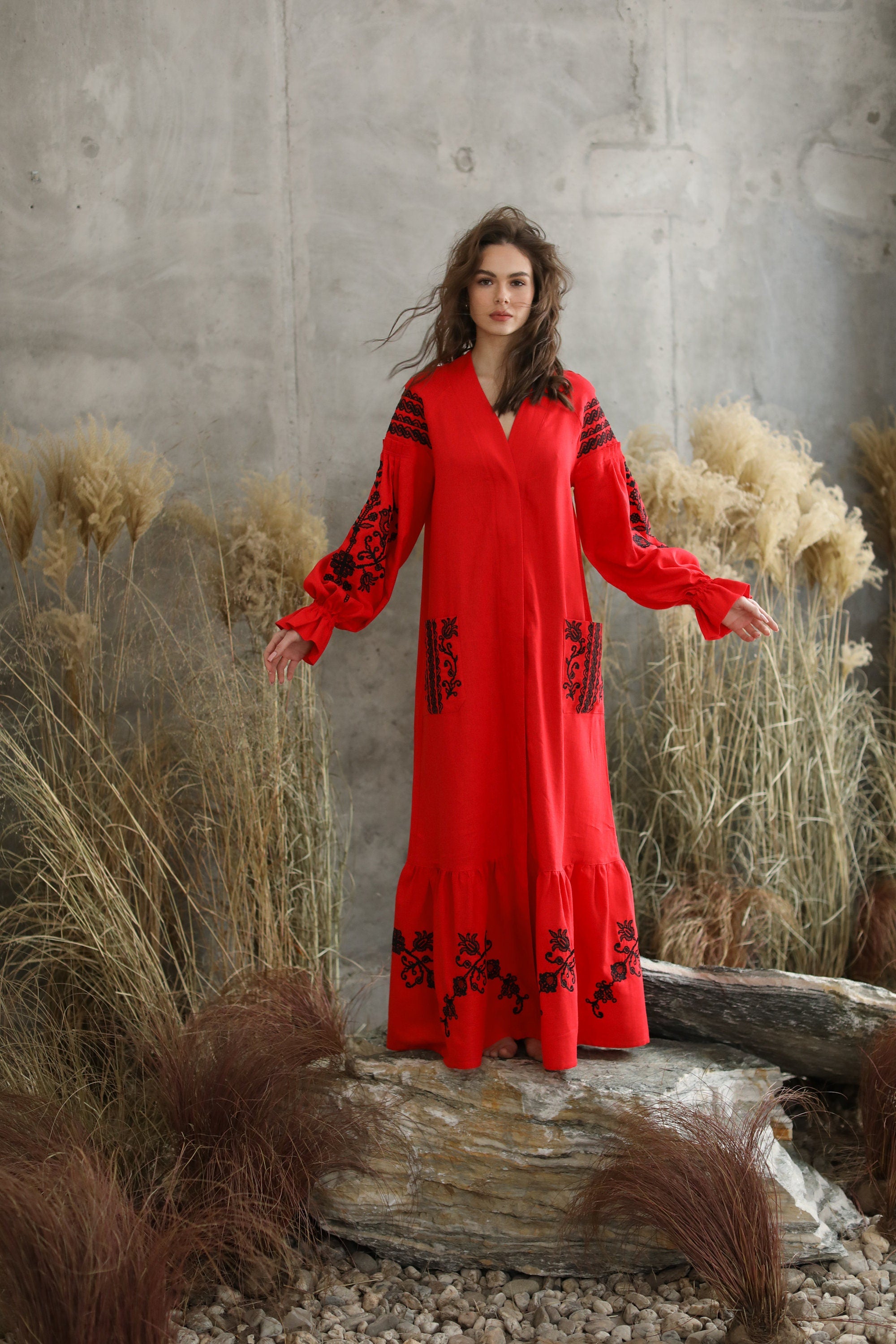 Red Ukrainian Embroidered Tree of Life Linen Boho Chic Dress