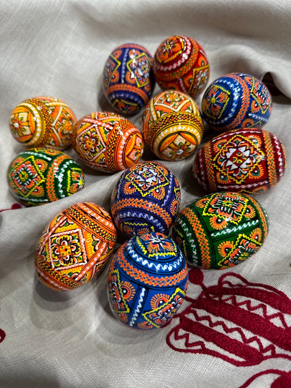 Handmade Set of 12 Pysanky Floral Wooden Eggs - Ukrainian Hand-Painted Ornaments