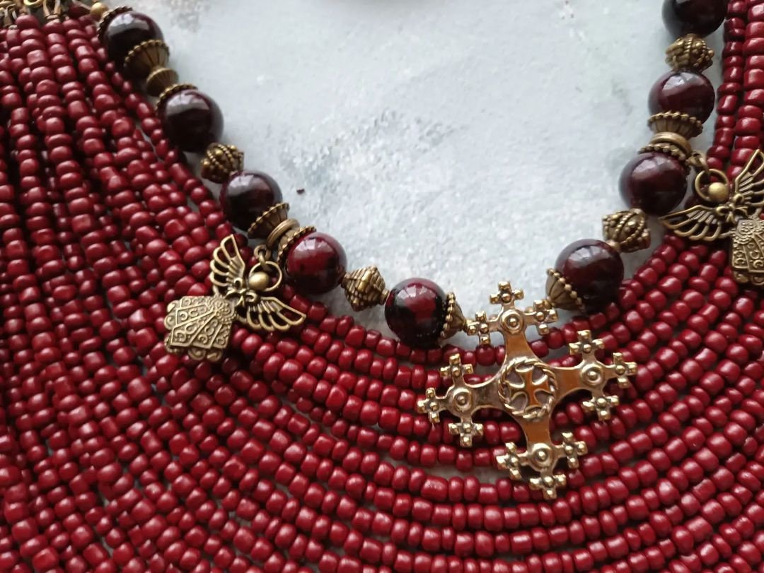 Red Ukrainian Traditional Multirow Necklace with Antique Glass Beads