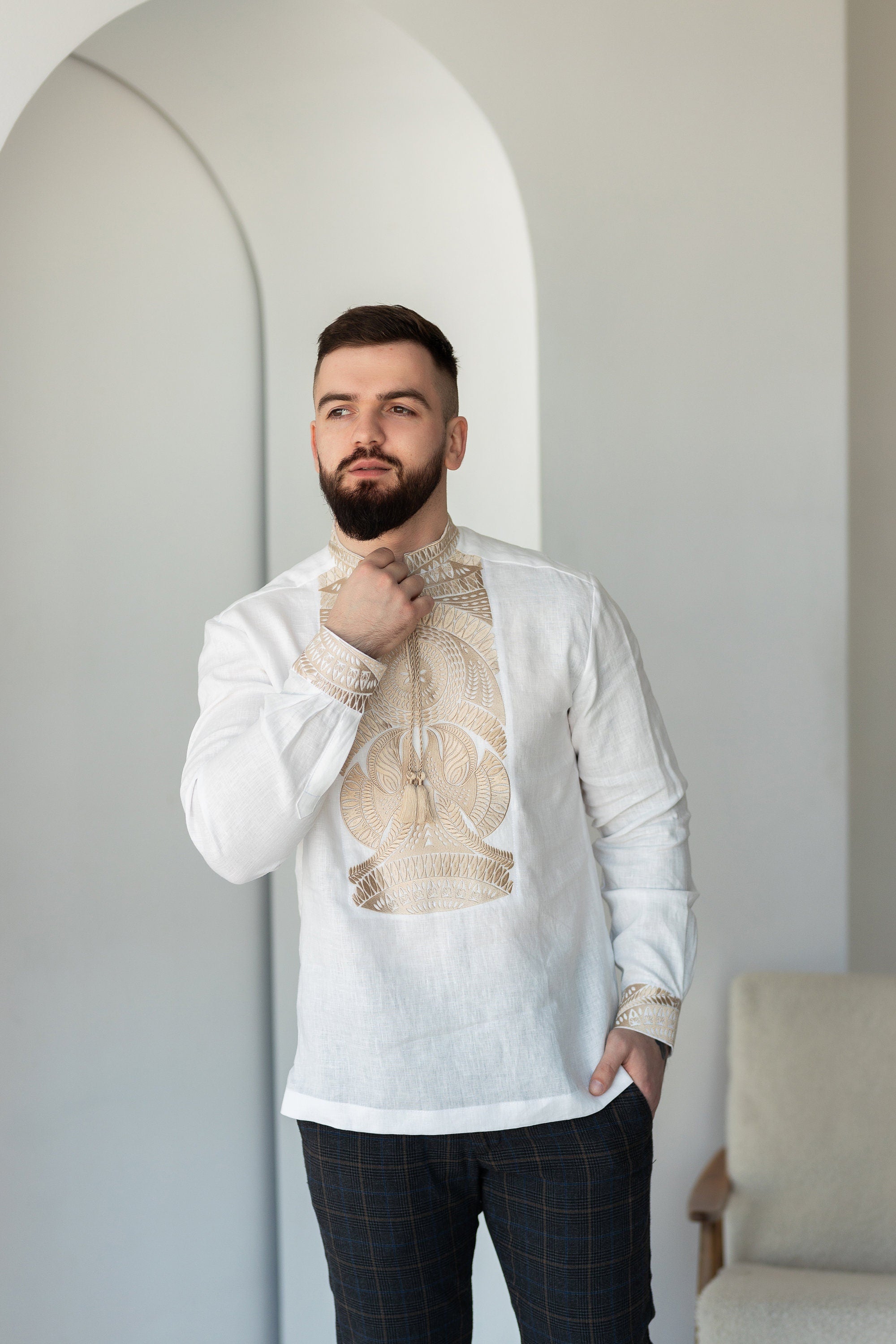 Beige Embroidered Ukrainian Vyshyvanka Shirt for Men