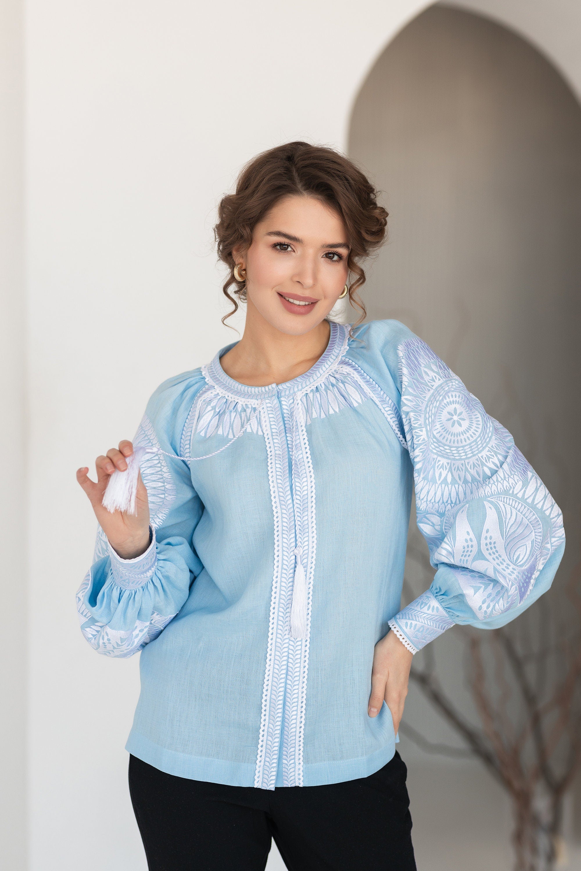 2025 Blue Ukrainian Vyshyvanka Blouse | Red Embroidered Bohemian Shirt