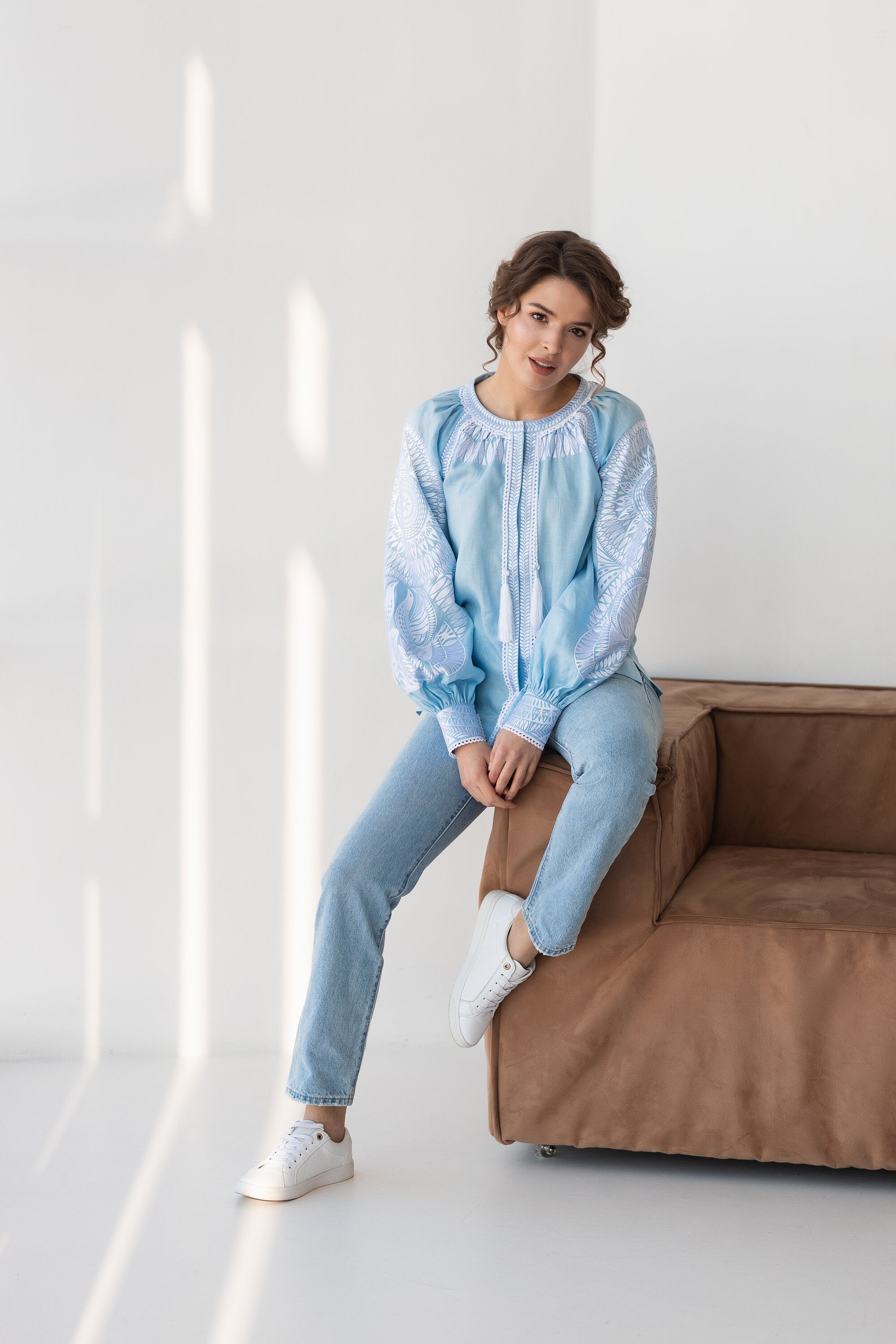 Blue Ukrainian Vyshyvanka Blouse - Red Embroidered Bohemian Ethnic Shirt