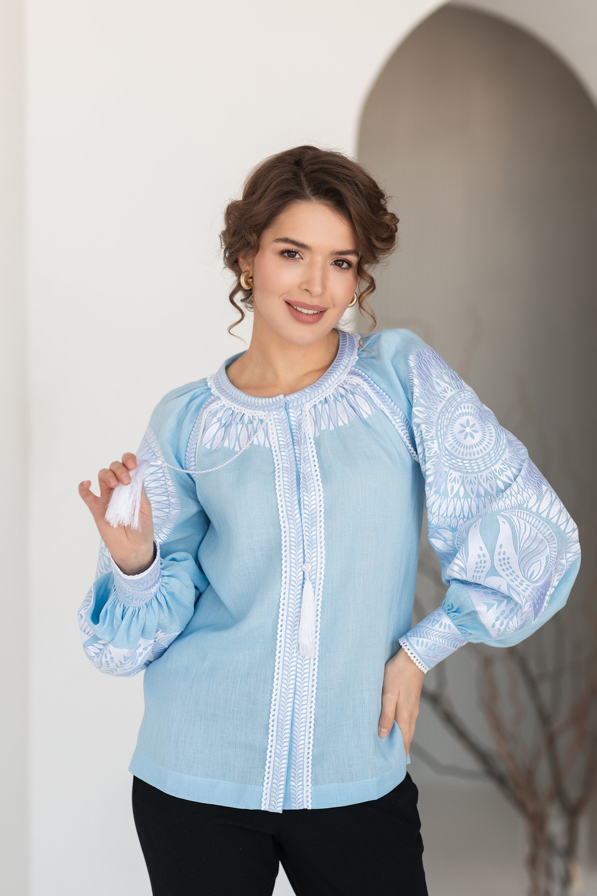 Blue Ukrainian Vyshyvanka Blouse - Red Embroidered Bohemian Ethnic Shirt