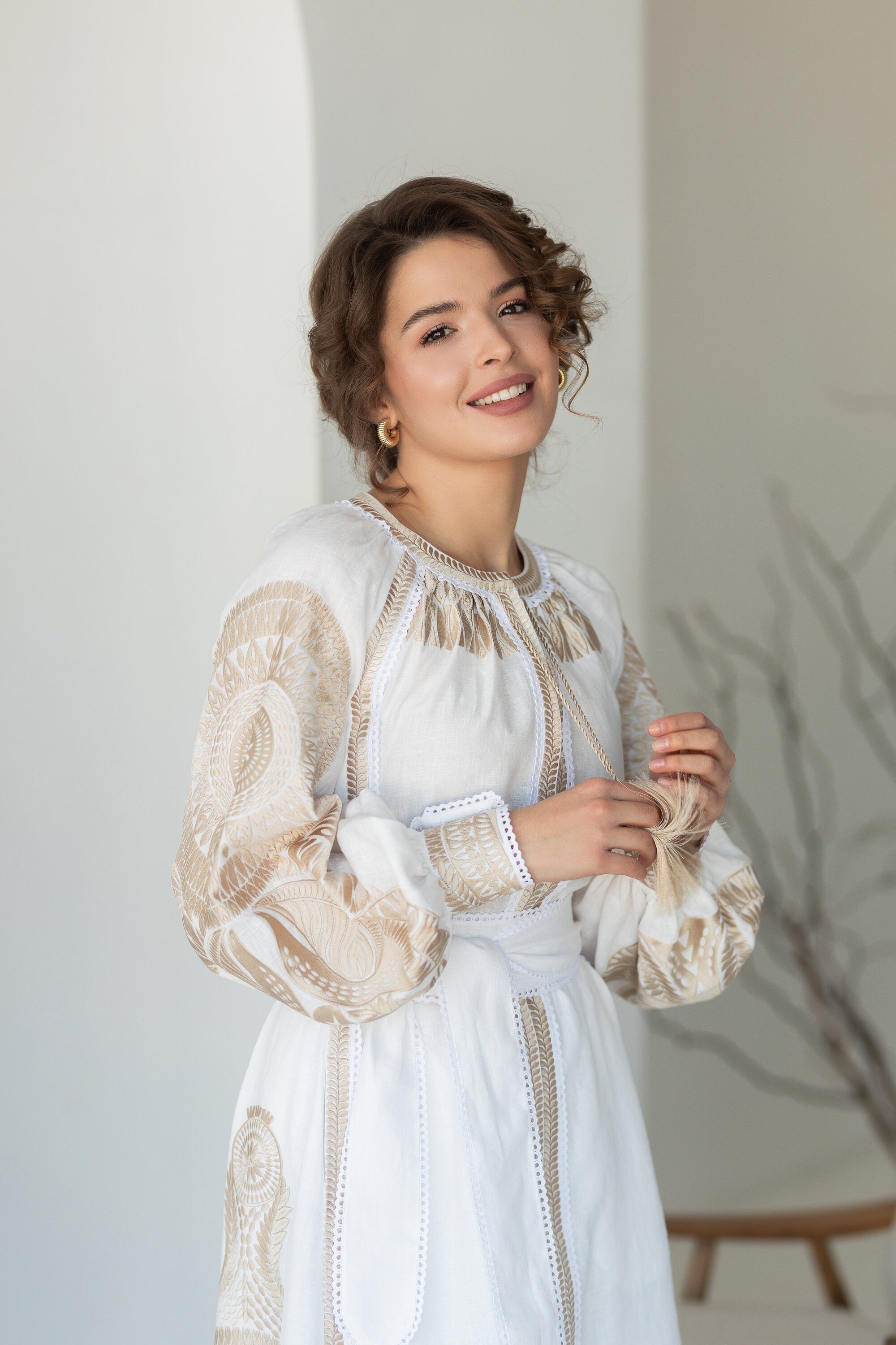 2024 Mother's Day White Linen Embroidered Dress with Beige Ukrainian Ethnic Design