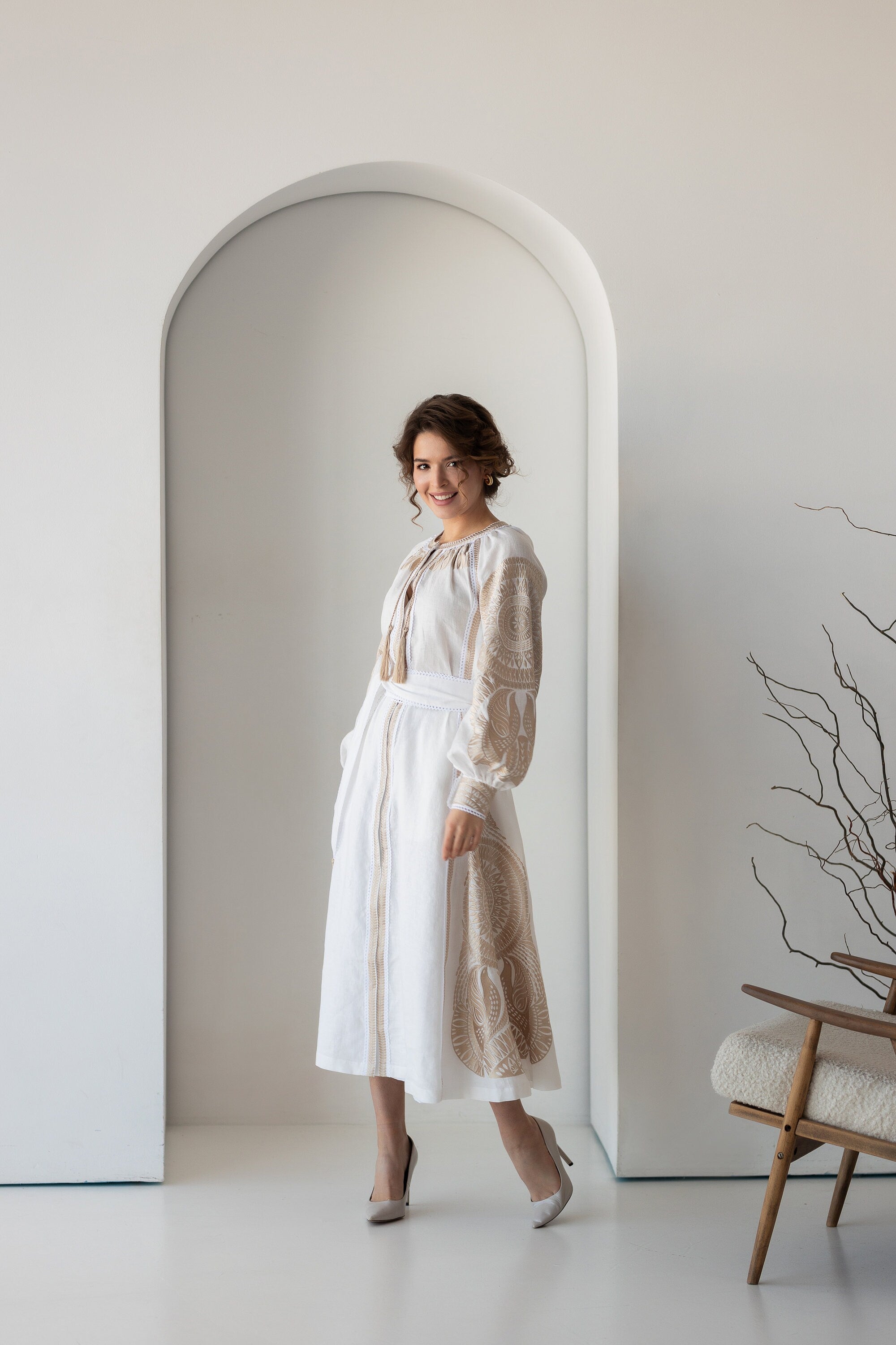 2024 Mother's Day White Linen Embroidered Dress with Beige Ukrainian Ethnic Design