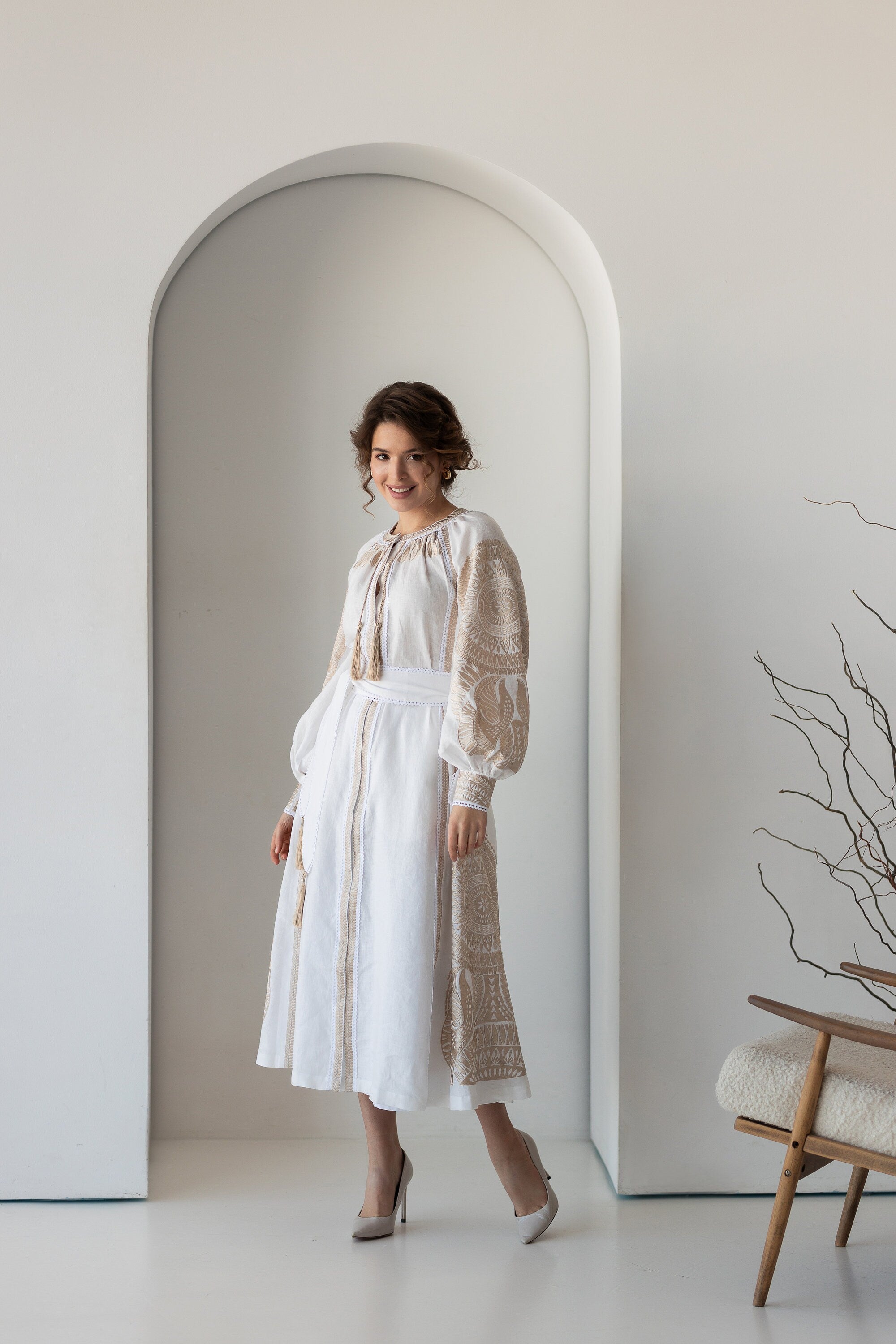 White Linen Embroidered Dress with Beige Ukrainian Ethnic Design