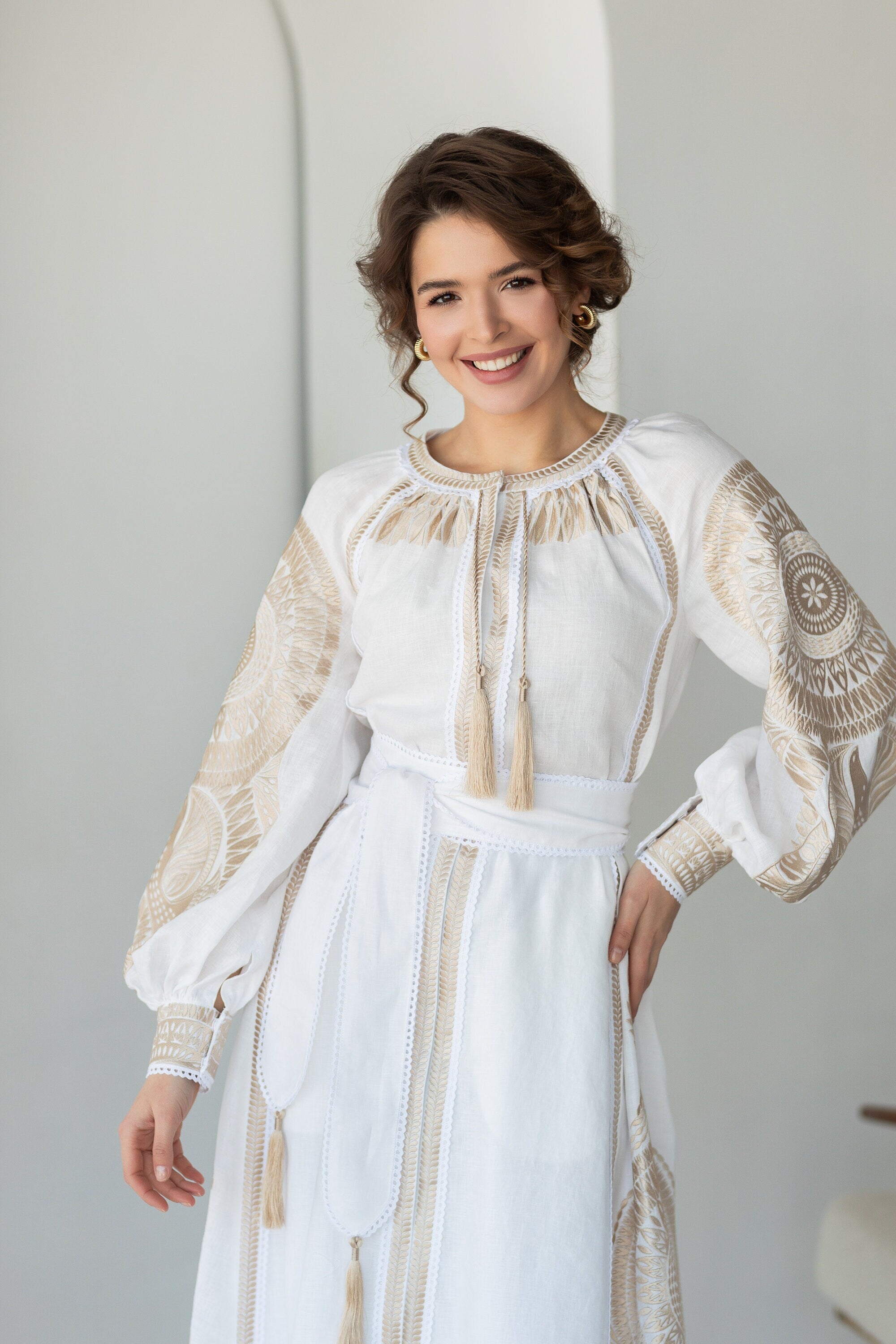2024 Mother's Day White Linen Embroidered Dress with Beige Ukrainian Ethnic Design
