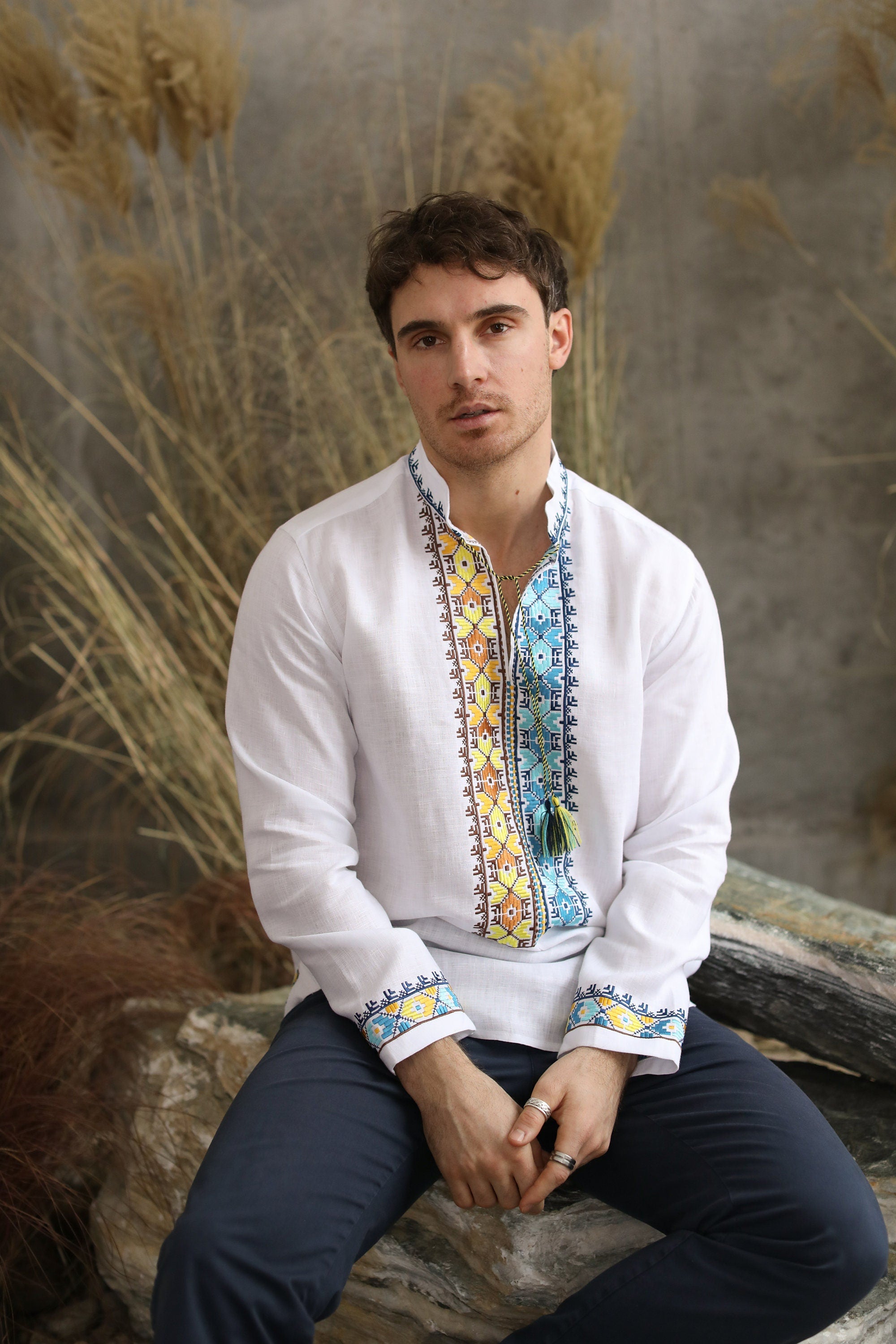 White Ukrainian Linen Embroidered Shirt for Men with yellow and blue embroidery