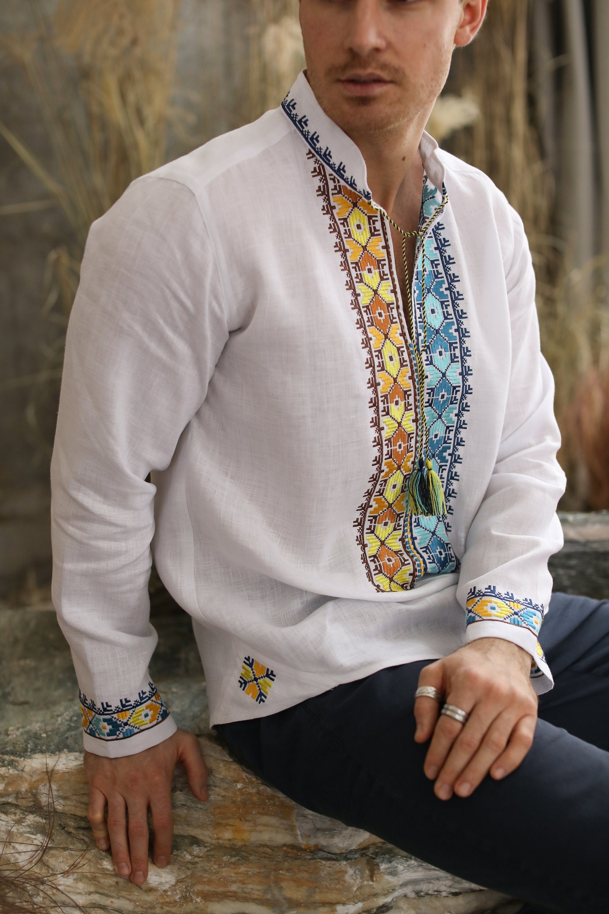 White Ukrainian Linen Embroidered Shirt for Men