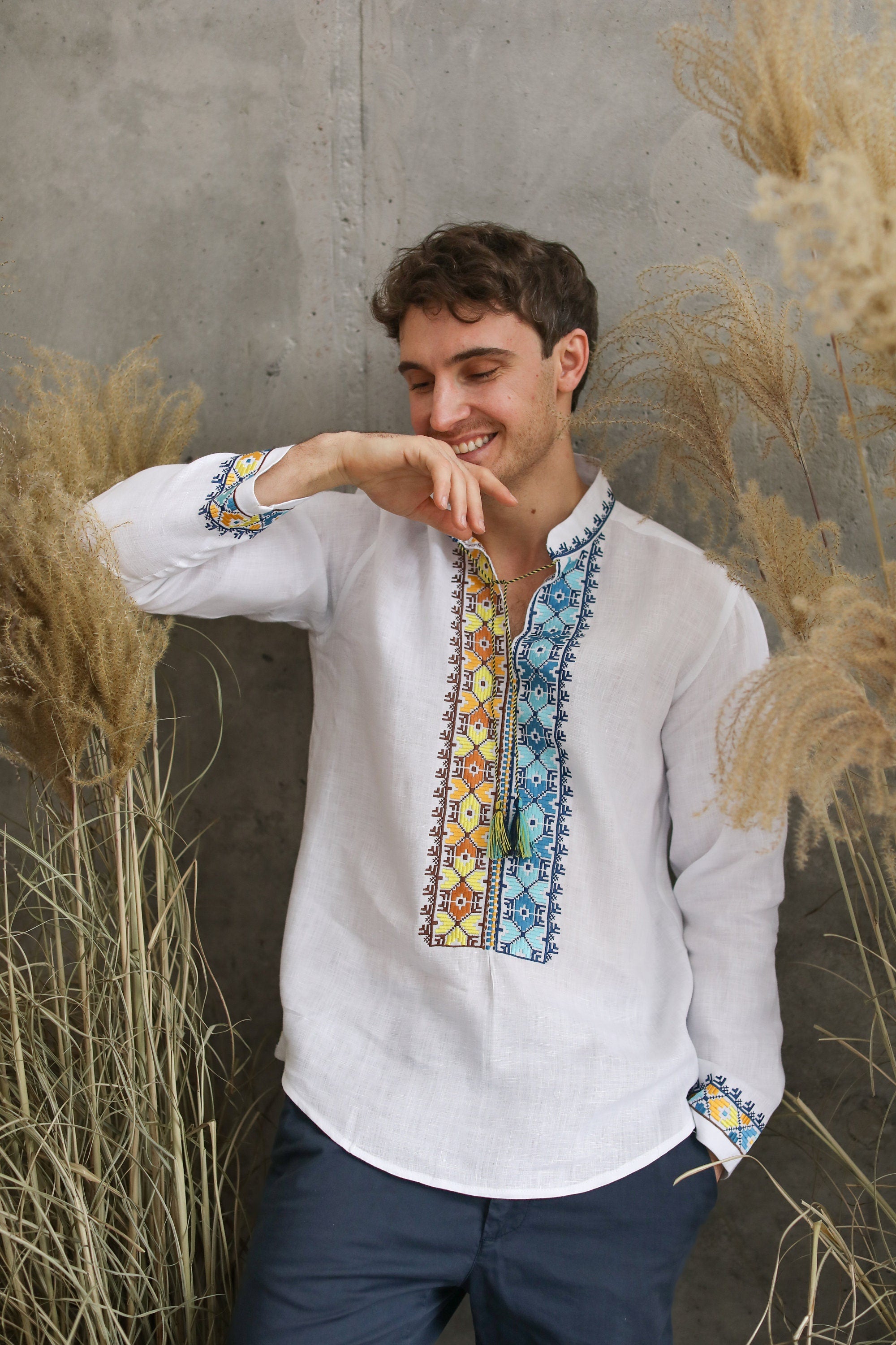 White Ukrainian Linen Embroidered Shirt for Men
