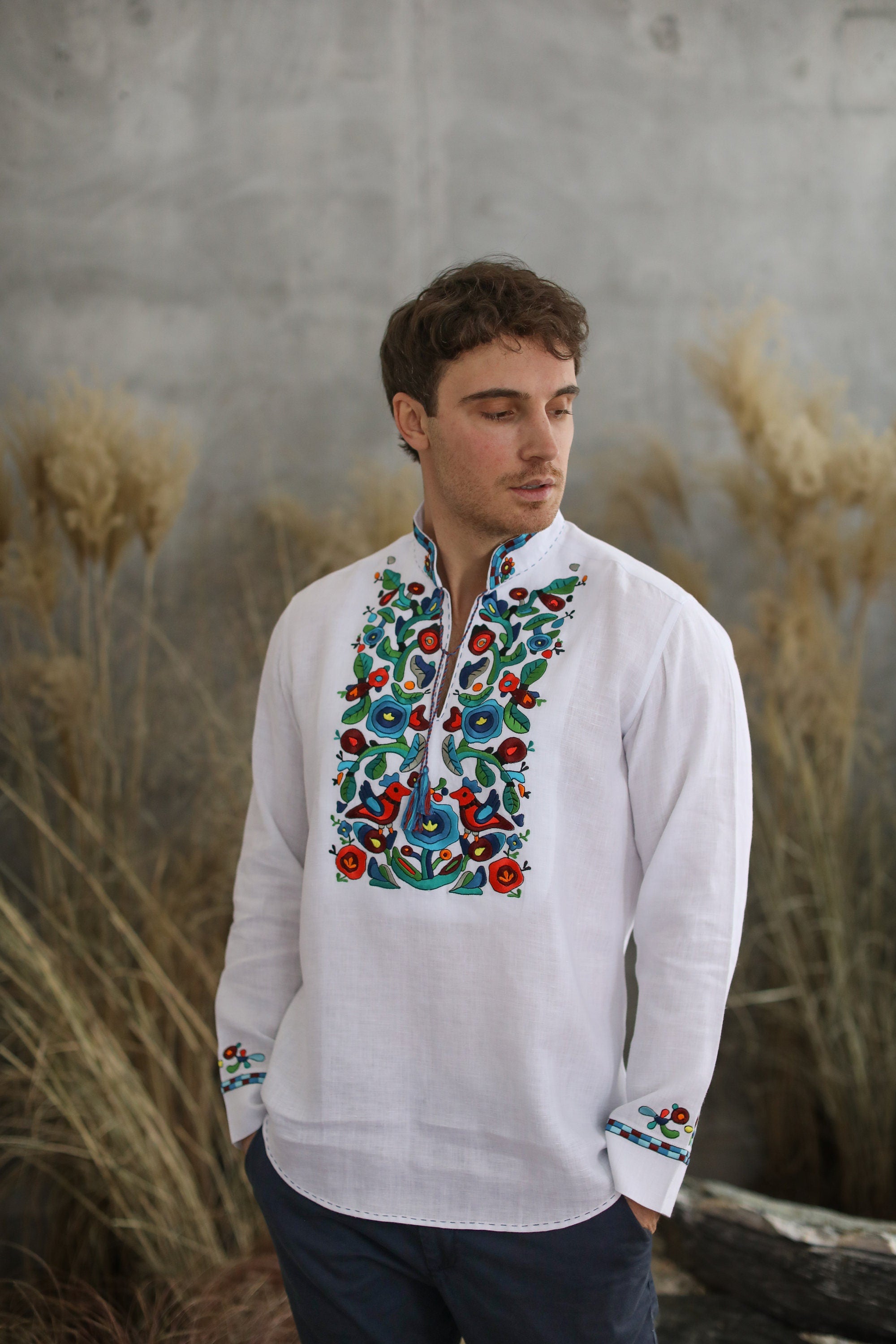 Men's White Linen Ukrainian Vyshyvanka Shirt - Traditional Embroidered Apparel for Easter
