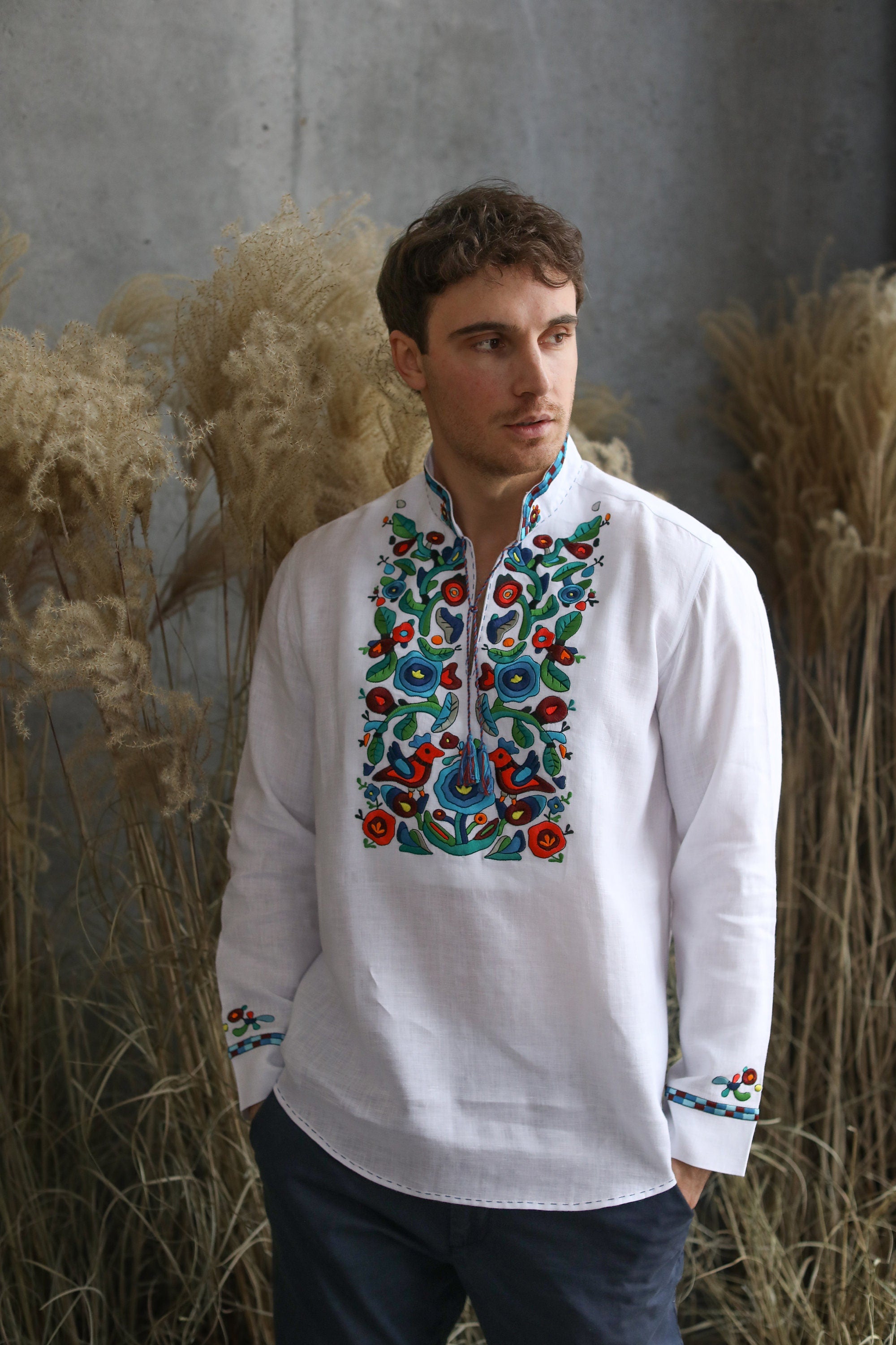 Men's White Linen Ukrainian Vyshyvanka Shirt - Traditional Embroidered Apparel for Easter