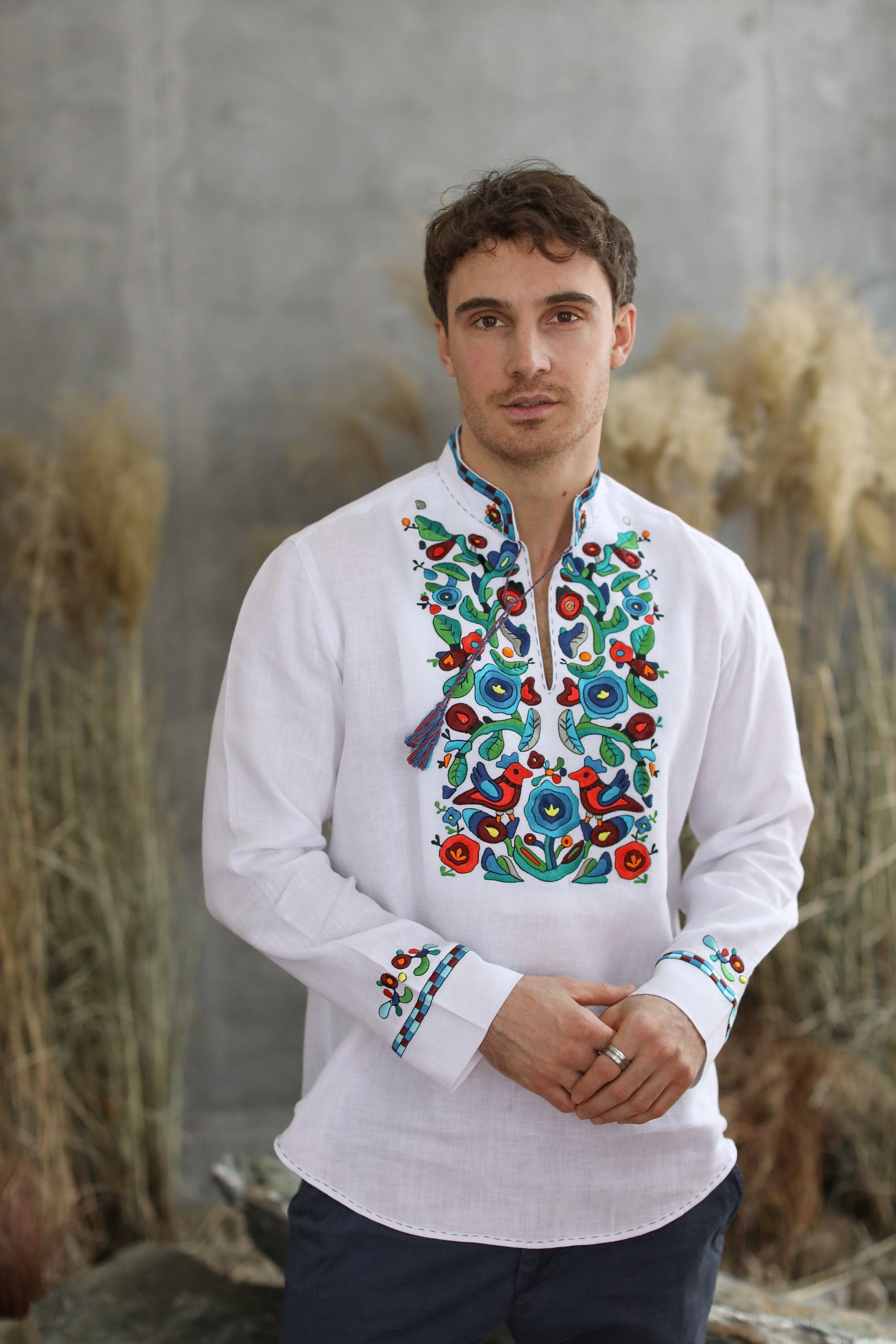 Men's White Linen Ukrainian Vyshyvanka Shirt - Traditional Embroidered Apparel for Easter