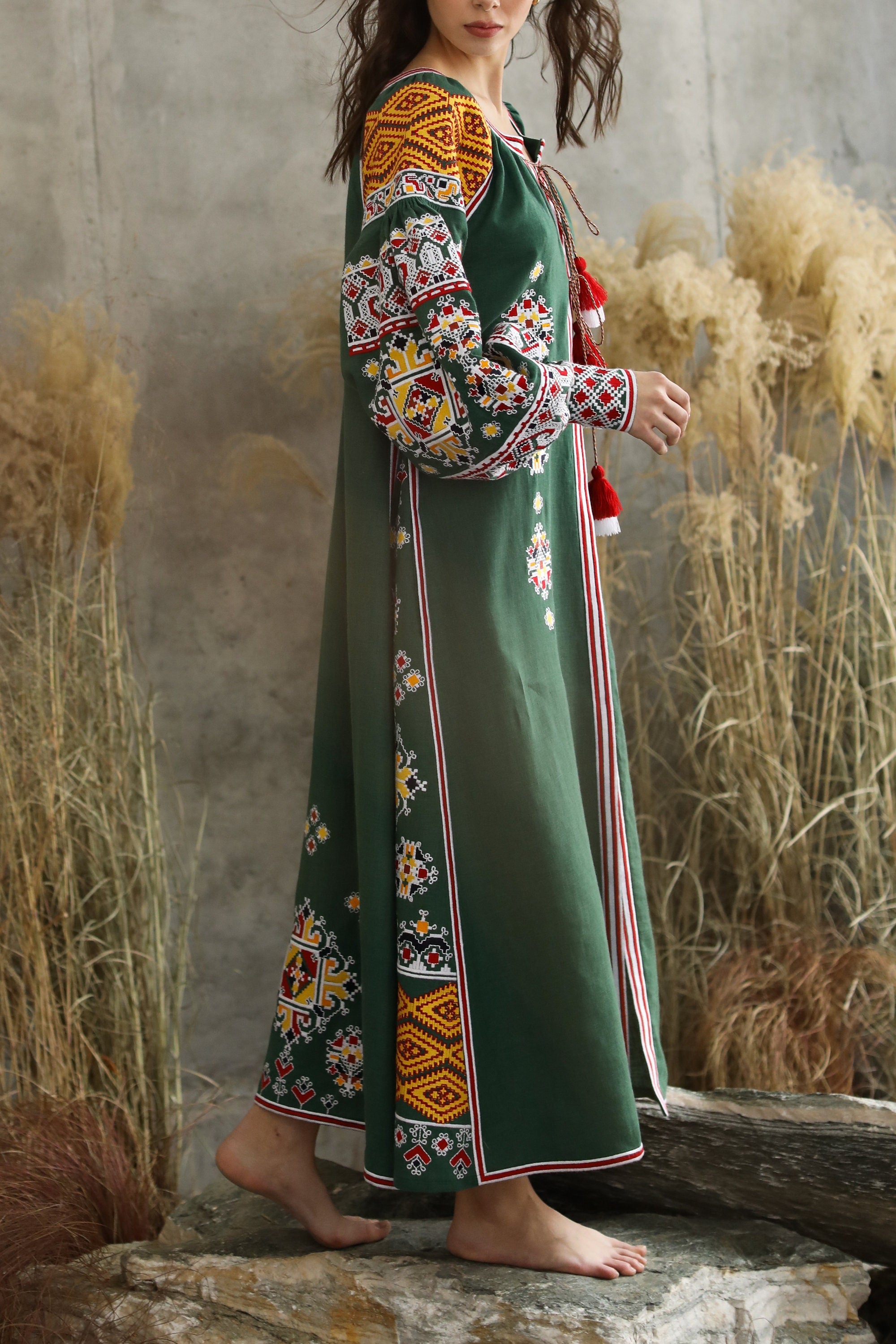 Green Linen Embroidered Wedding Dress - Ukrainian Mexicana Vyshyvanka Boho Style