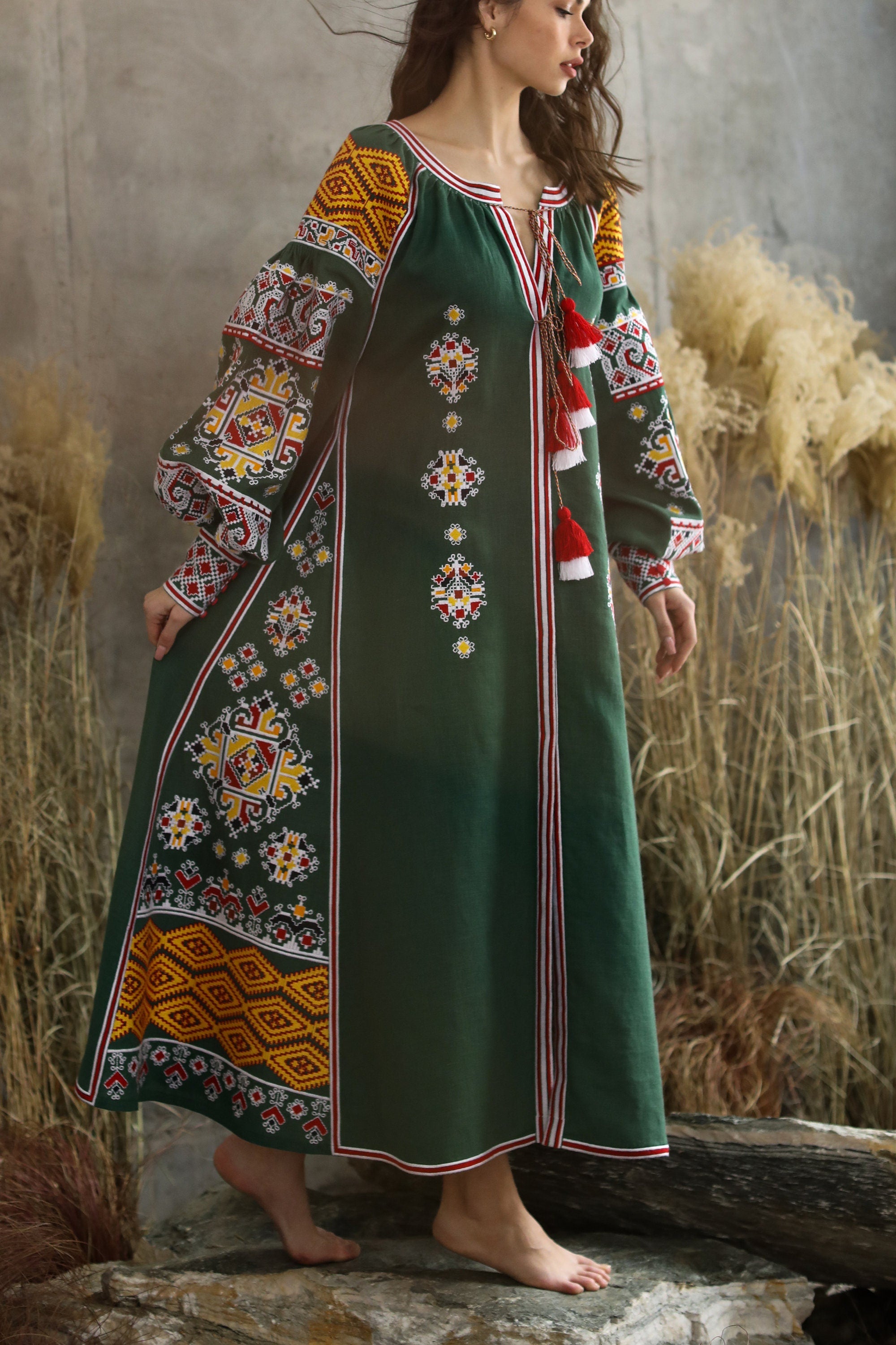 Green Linen Embroidered Wedding Dress - Ukrainian Mexicana Vyshyvanka Boho Style