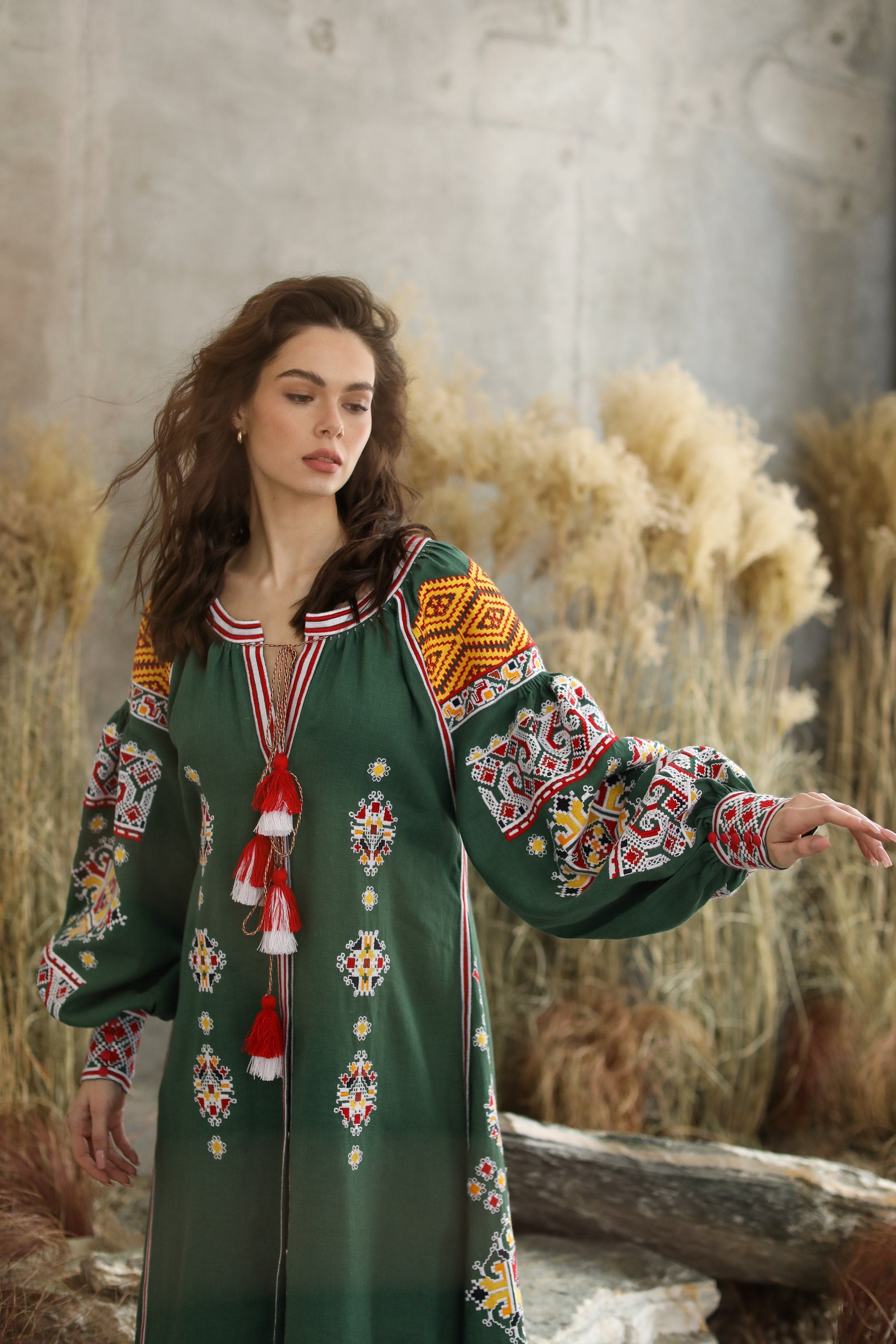 Green Linen Embroidered Wedding Dress - Ukrainian Mexicana Vyshyvanka Boho Style