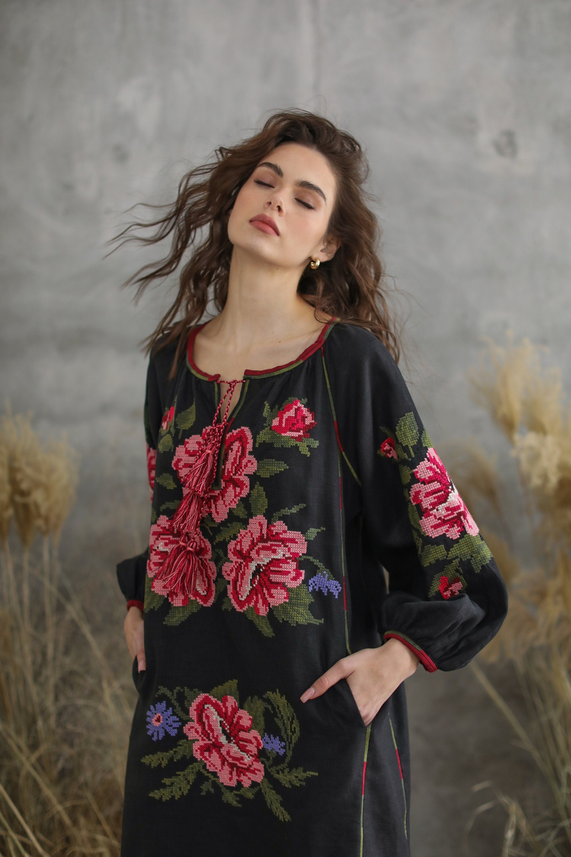 Ukrainian Vyshyvanka Black Floral Embroidered Dress - Bohemian Ethnic Style