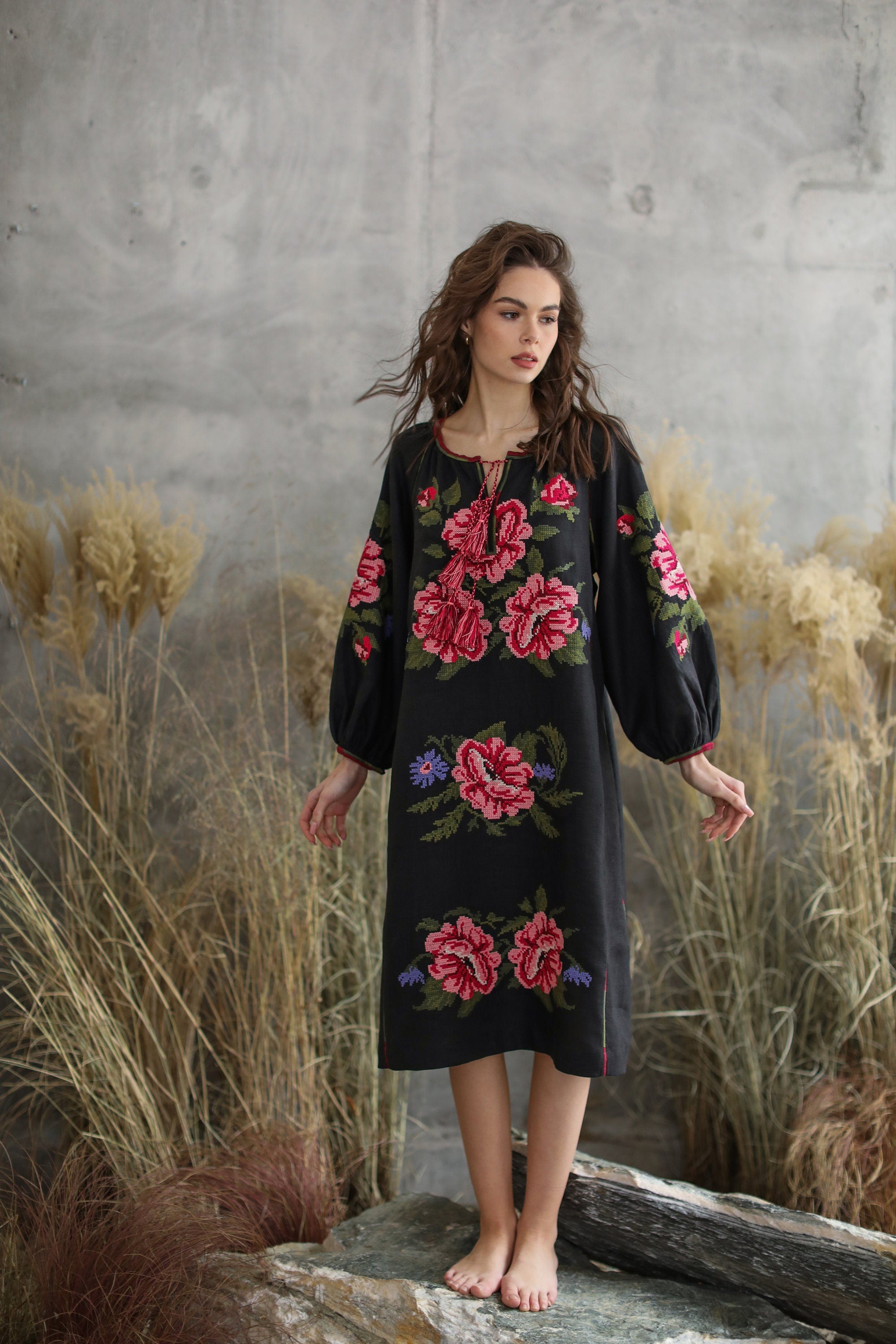 Ukrainian Vyshyvanka Black Floral Embroidered Dress - Bohemian Ethnic Style