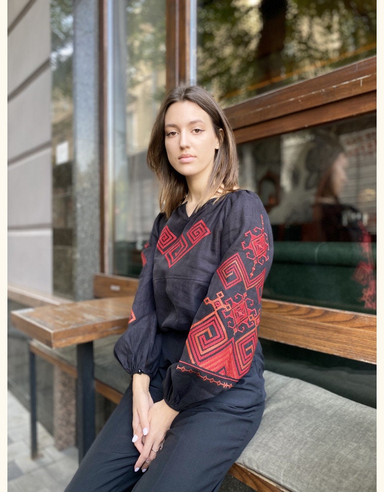Black Ukrainian Embroidered Linen Vyshyvanka Blouse - Bohemian Chic Peasant Shirt