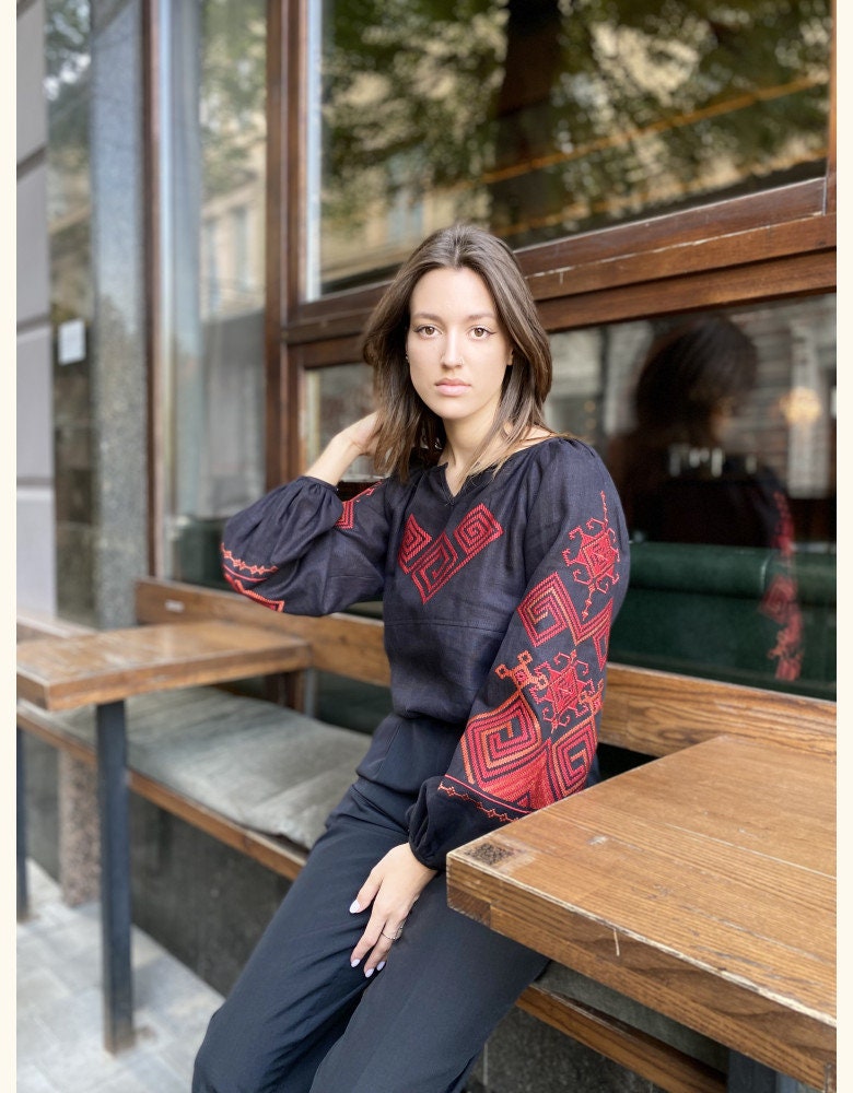 Black Ukrainian Embroidered Linen Vyshyvanka Blouse - Bohemian Chic Peasant Shirt