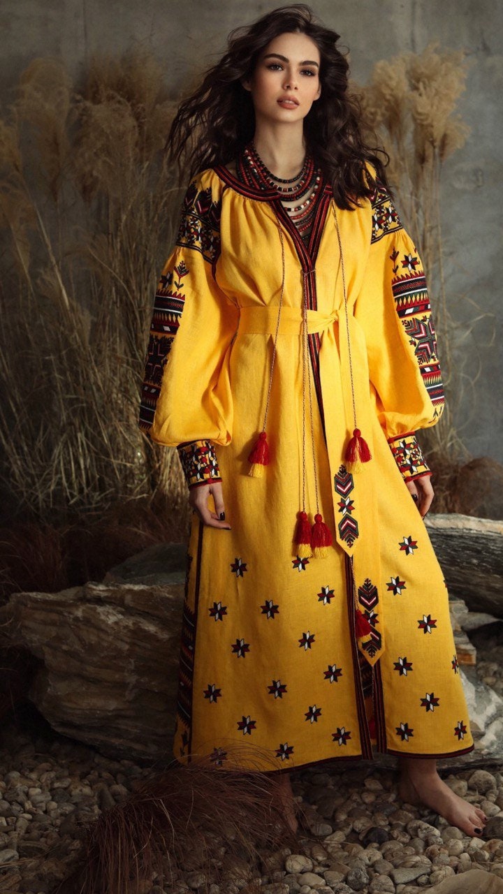 Yellow Embroidered Ukrainian Vyshyvanka Linen Dress - Boho Style