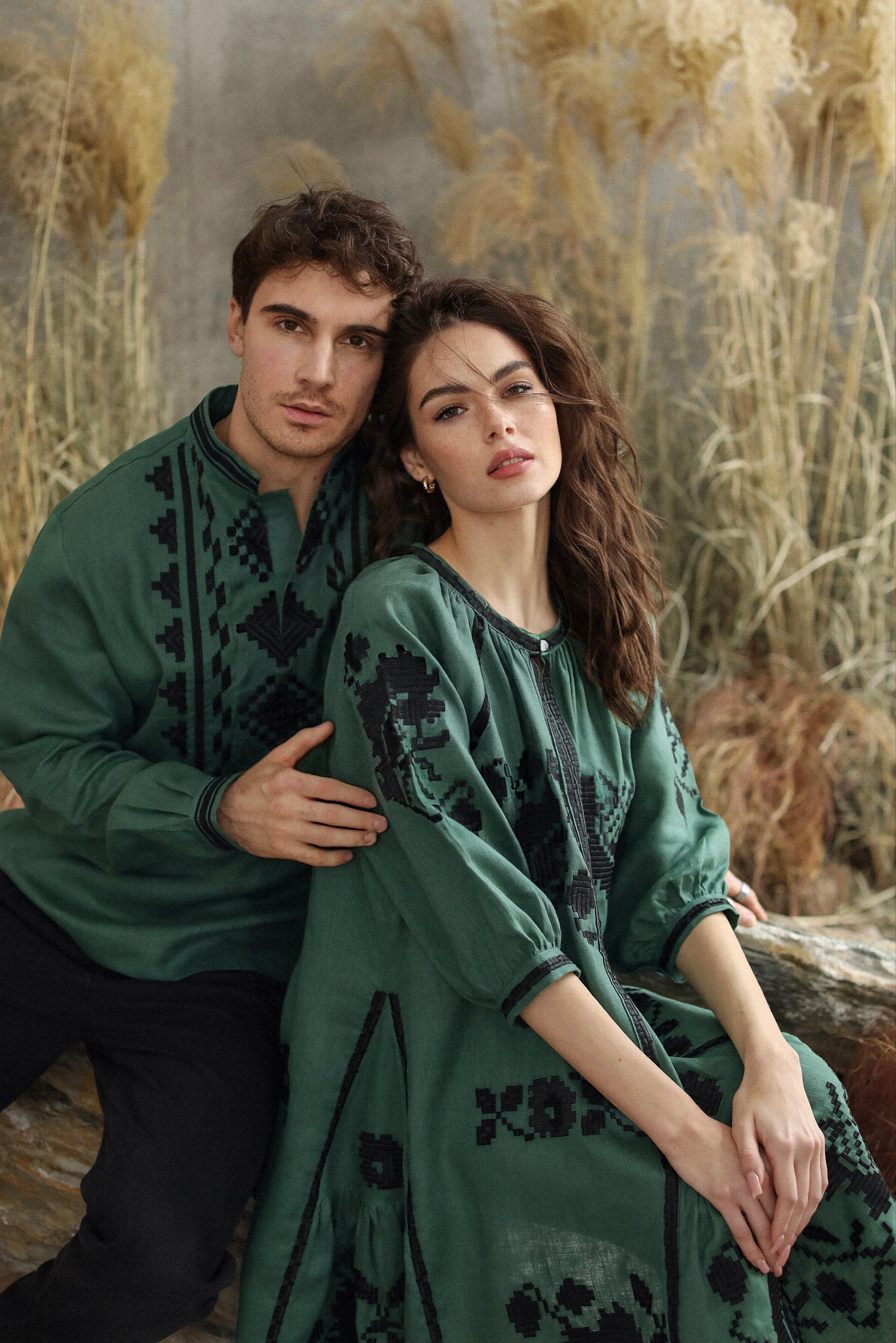 Family Look Green: Women's Dress, Men's Shirt & Daughter's Dress - Embroidered Vyshyvanka for Mother's Day