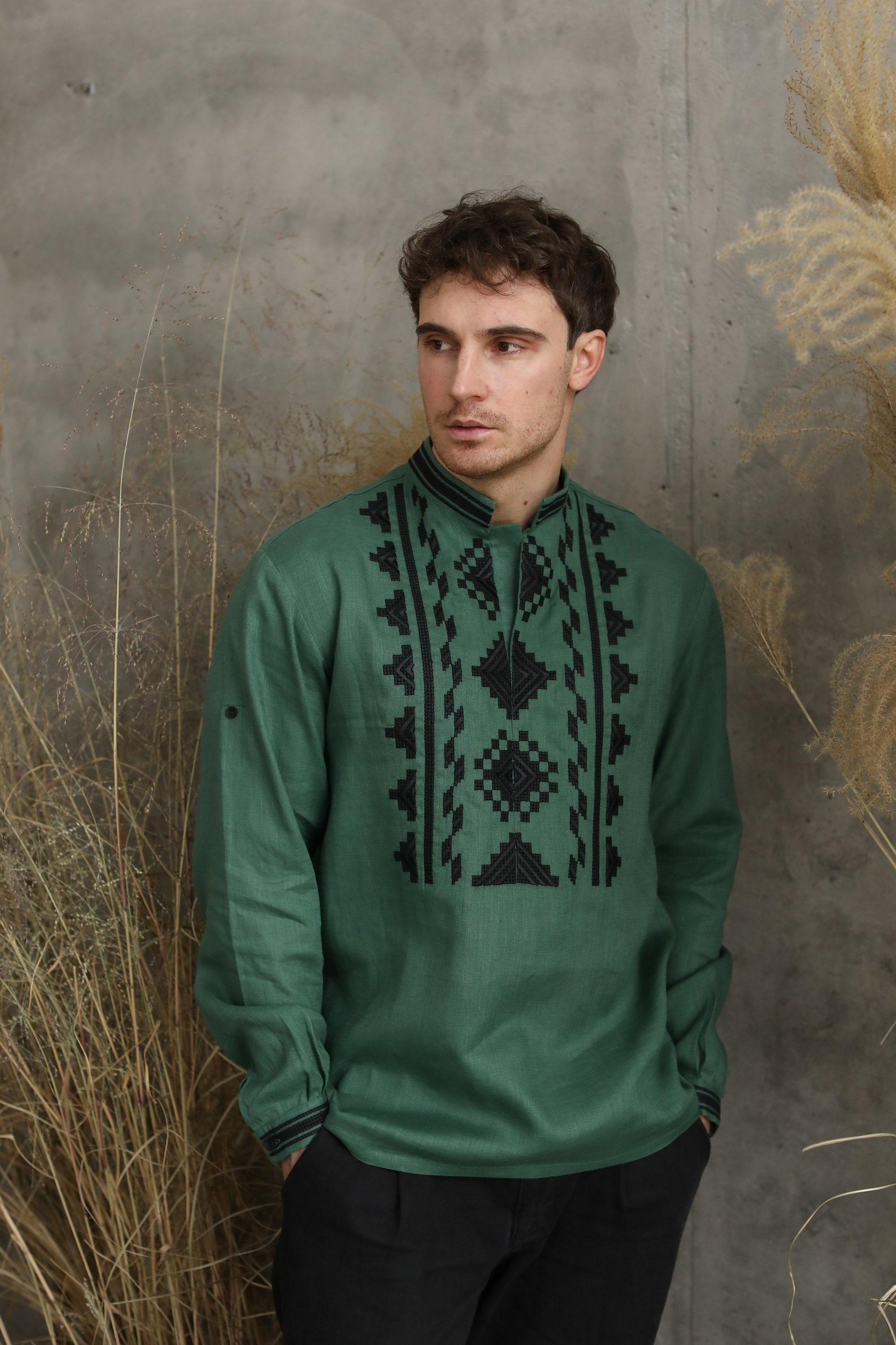 Men's Embroidered Green Ukrainian Shirt - Traditional Design