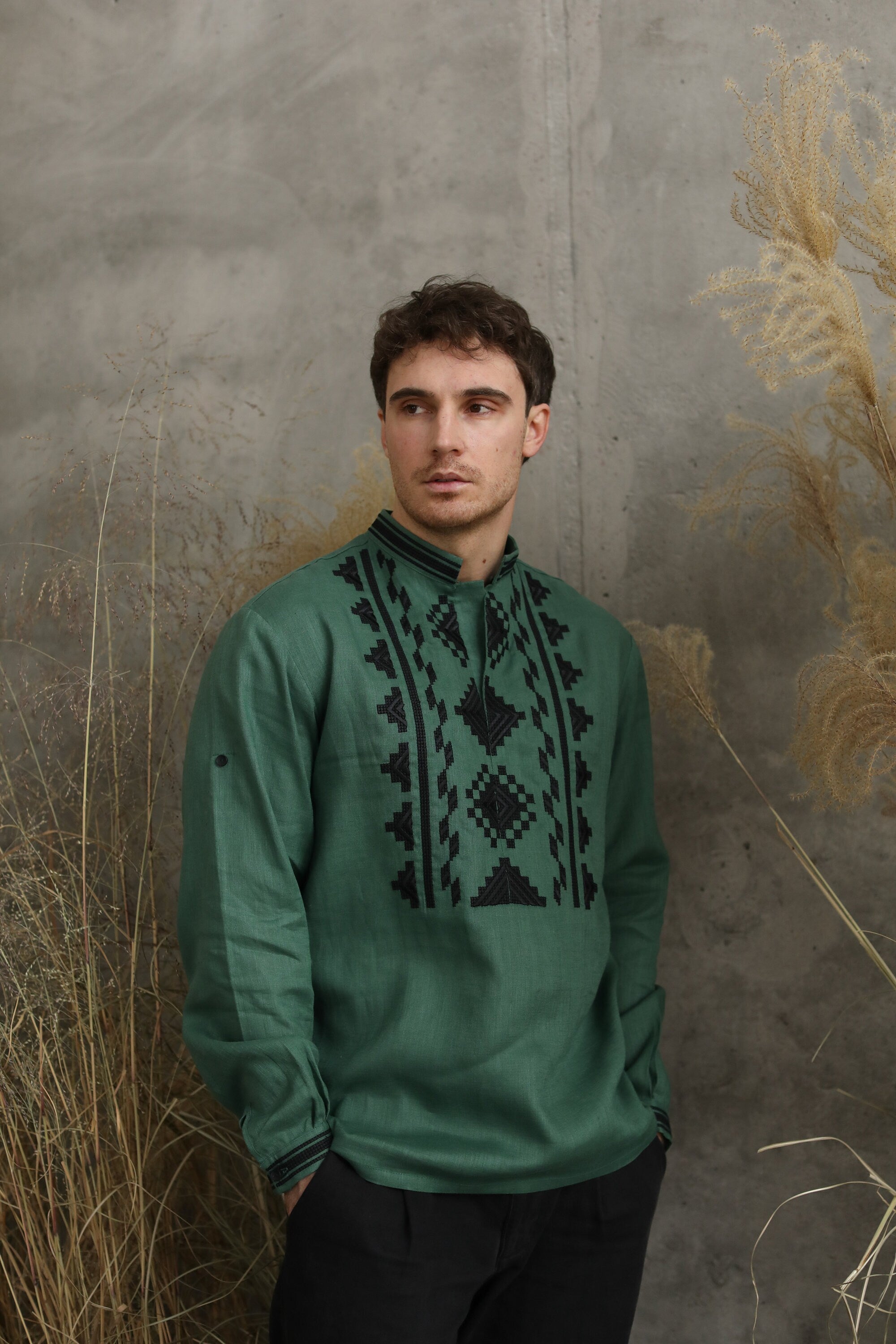 Men's Embroidered Green Ukrainian Shirt - Traditional Design