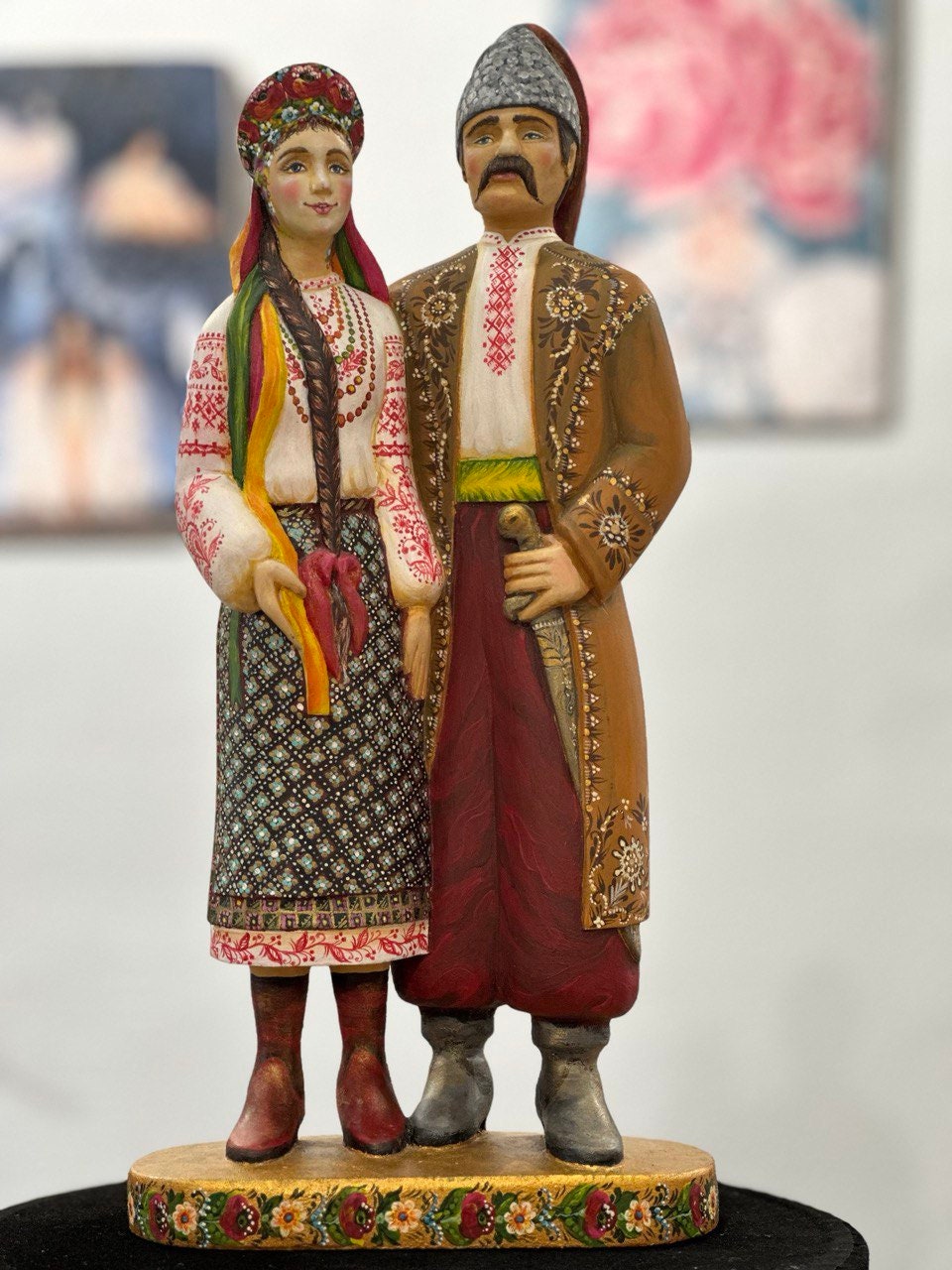 Hand-Painted Wooden Couple Statue - Unique Ukrainian Figurine for 5th Anniversary, Wedding, or Special Occasion