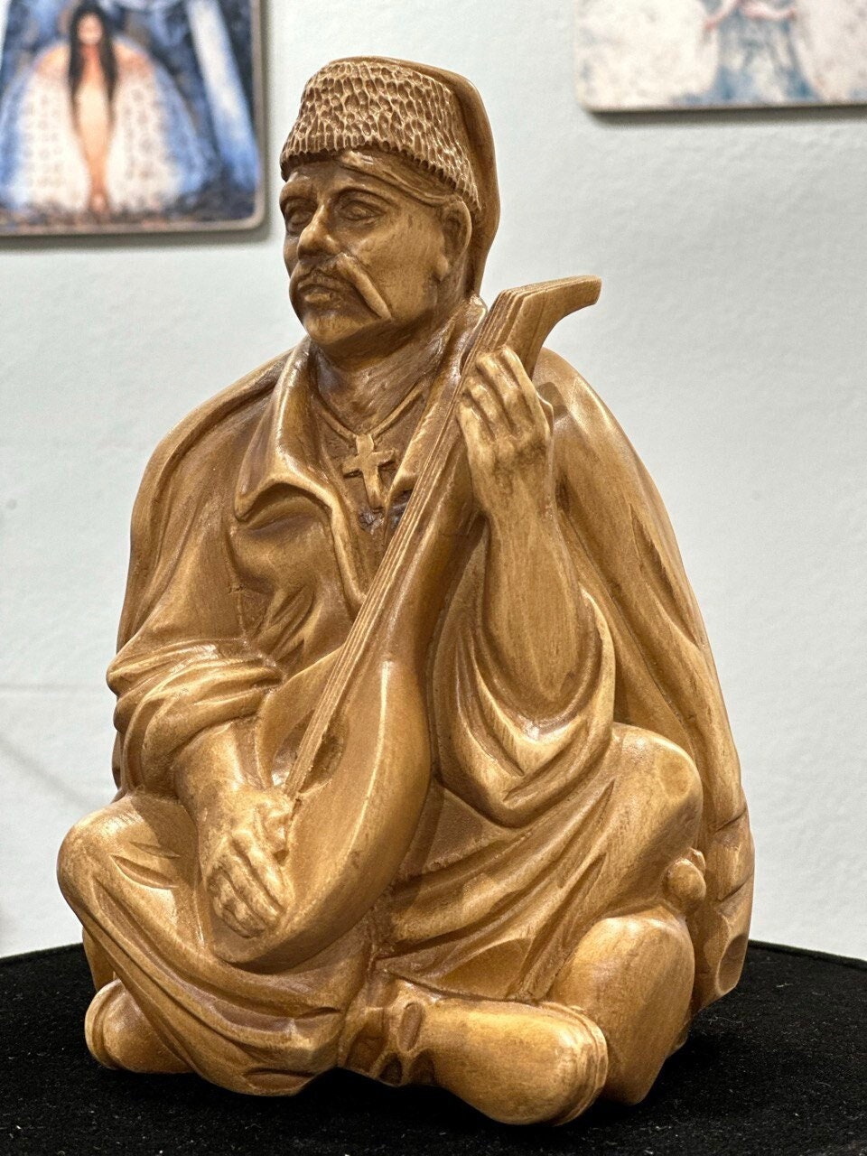 Handmade Wooden Bandurist Statue - Ukrainian Linden Wood Figurine for Couples