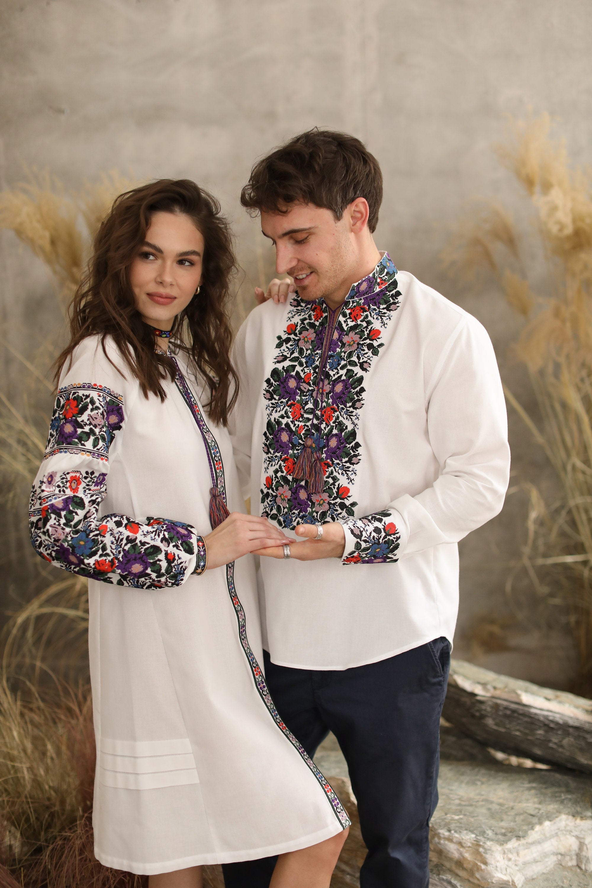 Family Look White Ukrainian Embroidered Linen Dress & Men's Shirt - Stylish Boho Wedding Attire
