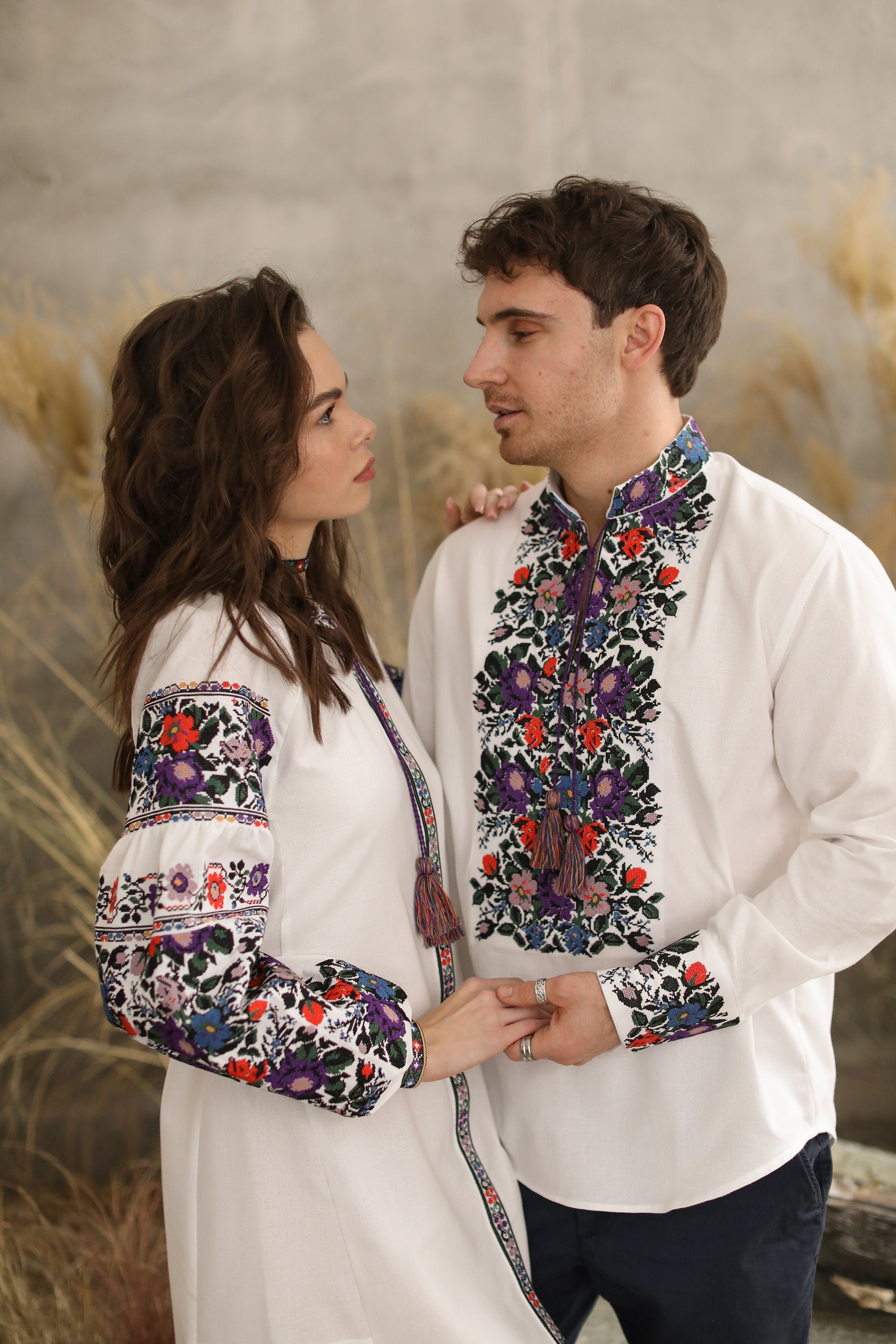 Family Look White Ukrainian Embroidered Linen Dress & Men's Shirt - Stylish Boho Wedding Attire