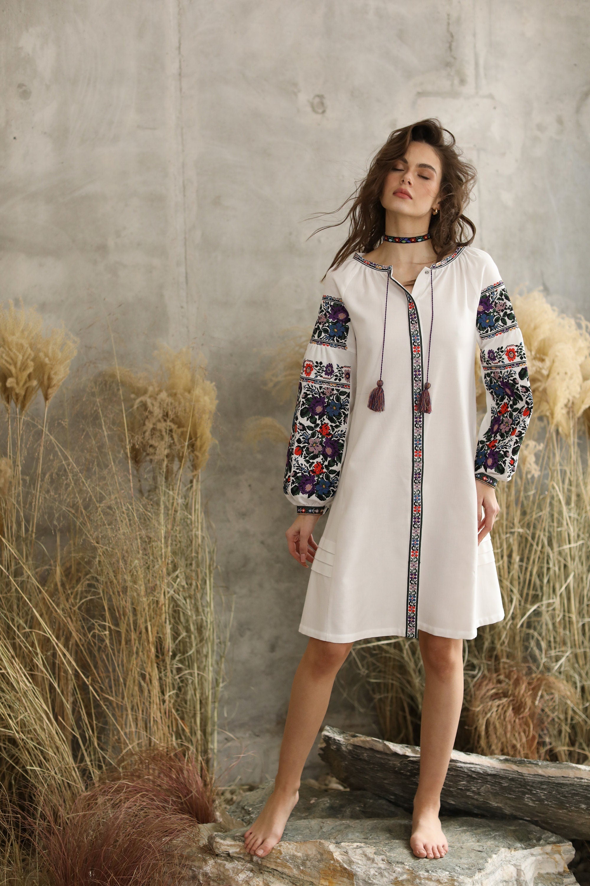 Family Look White Ukrainian Embroidered Linen Dress & Men's Shirt - Stylish Boho Wedding Attire