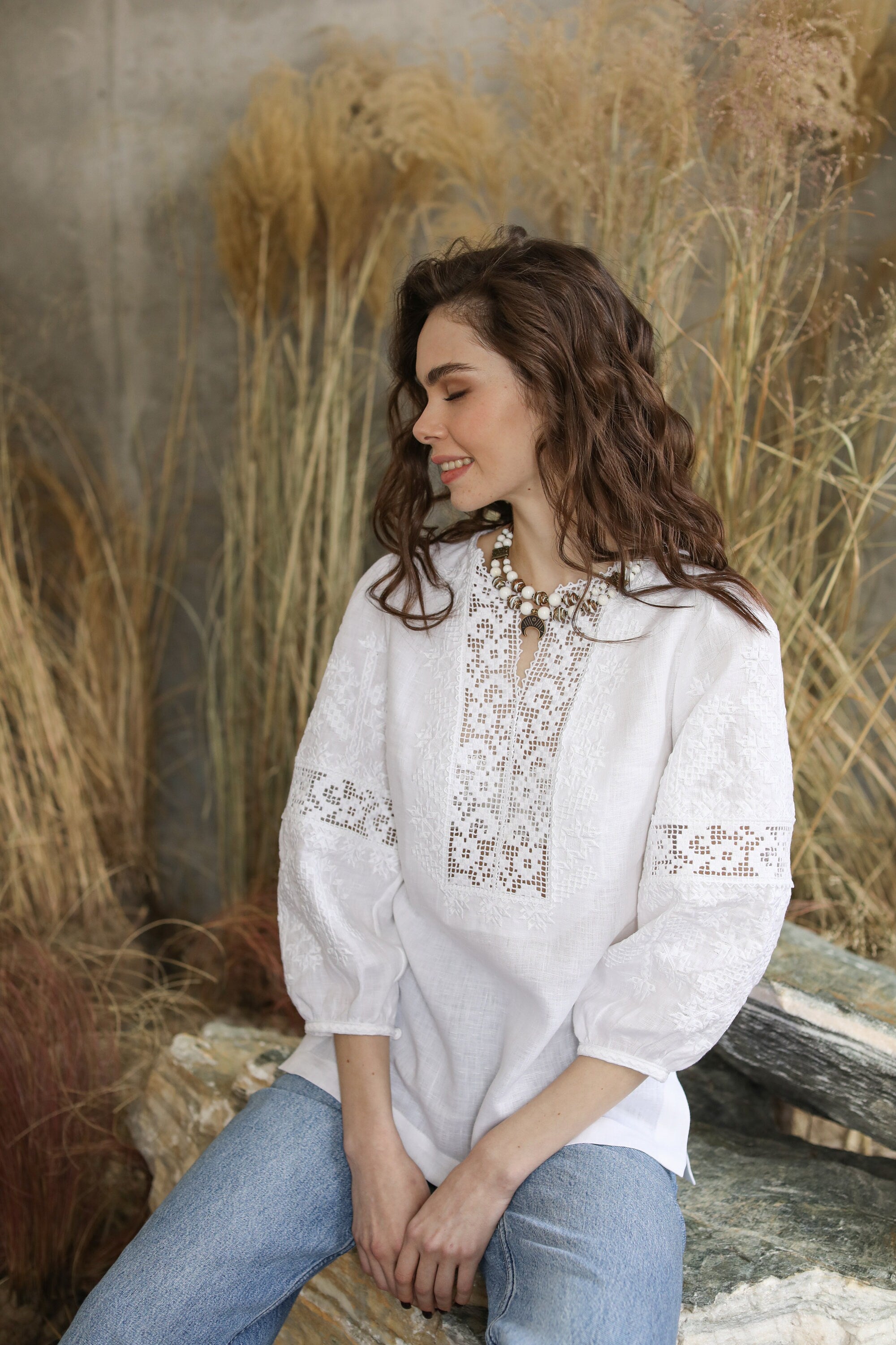 White Embroidered Linen Vyshyvanka Blouse for Women