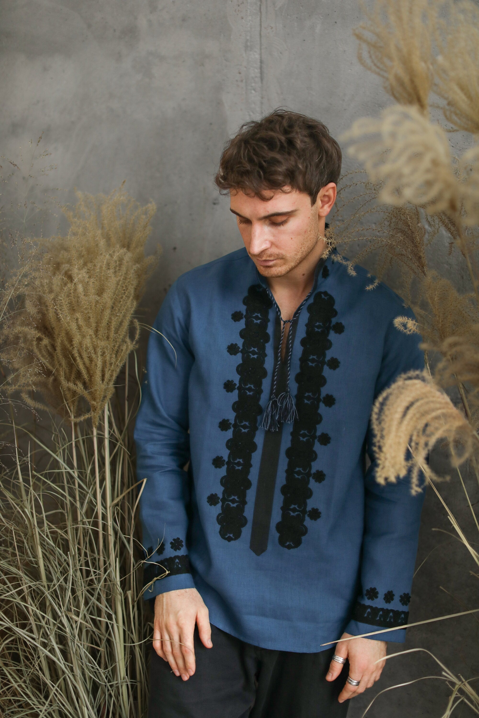 Men's Blue Ukrainian Embroidered Shirt - Traditional Style