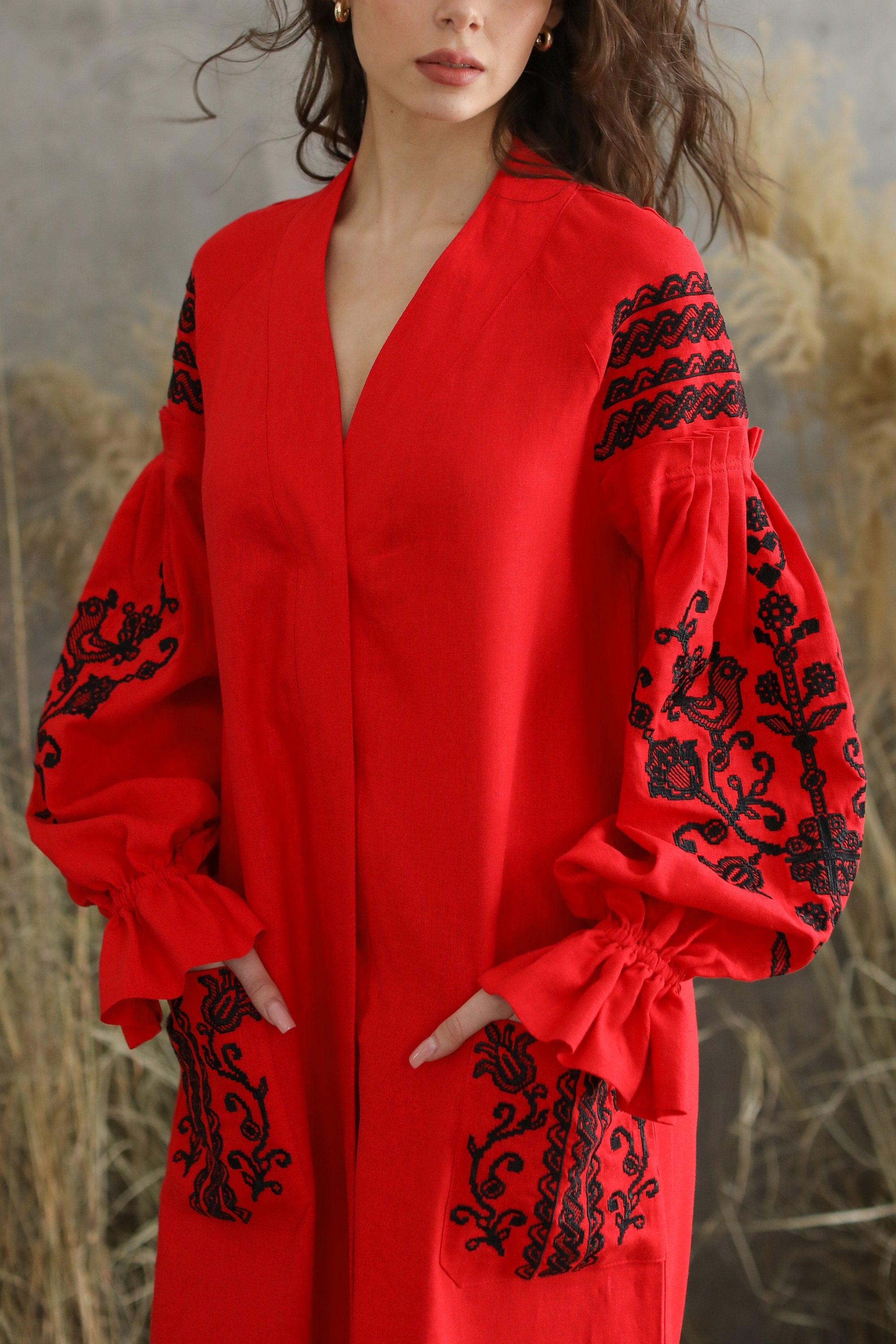 Red Ukrainian Embroidered Tree of Life Linen Boho Chic Dress