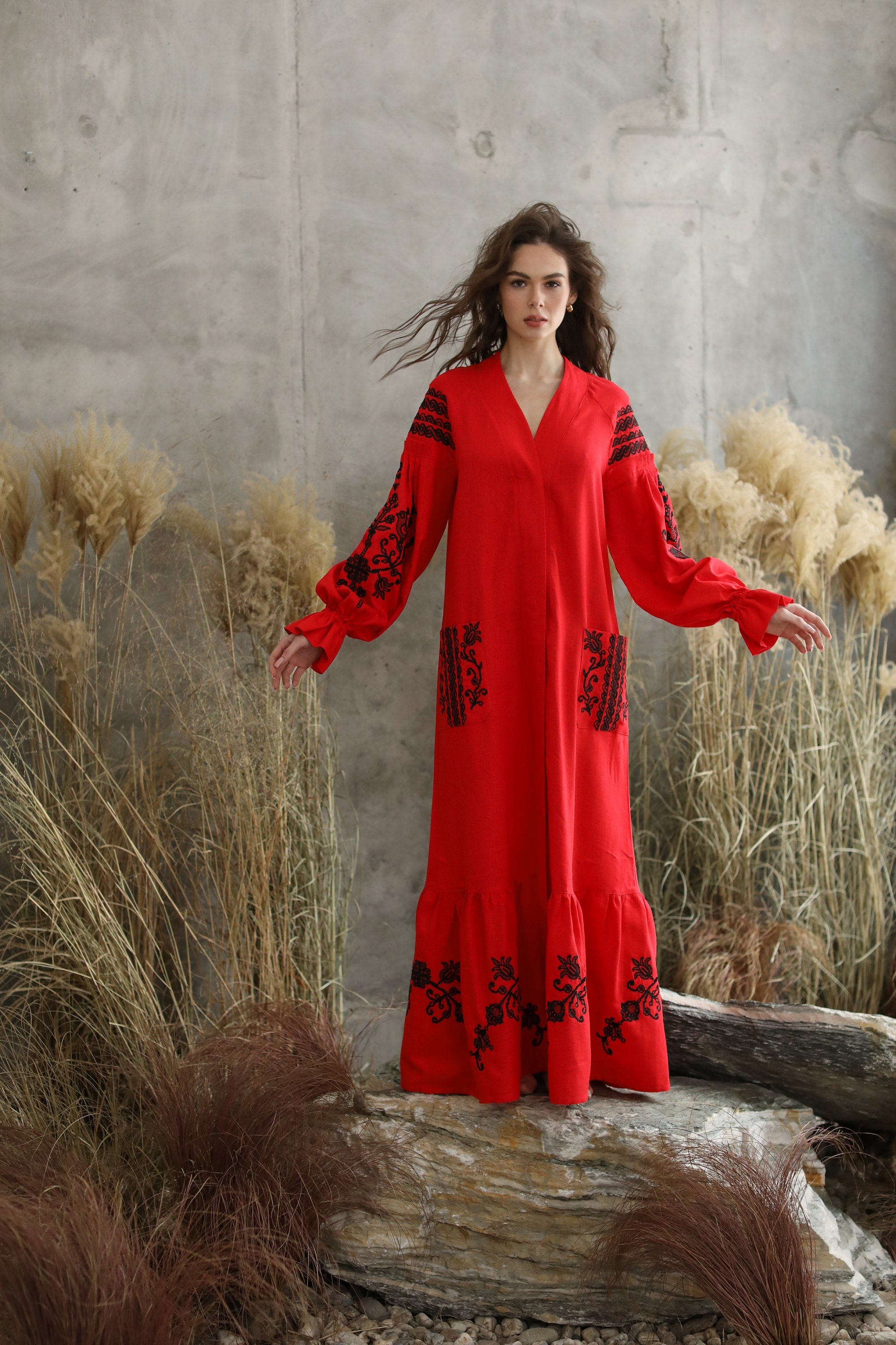 Red Ukrainian Embroidered Tree of Life Linen Boho Chic Dress