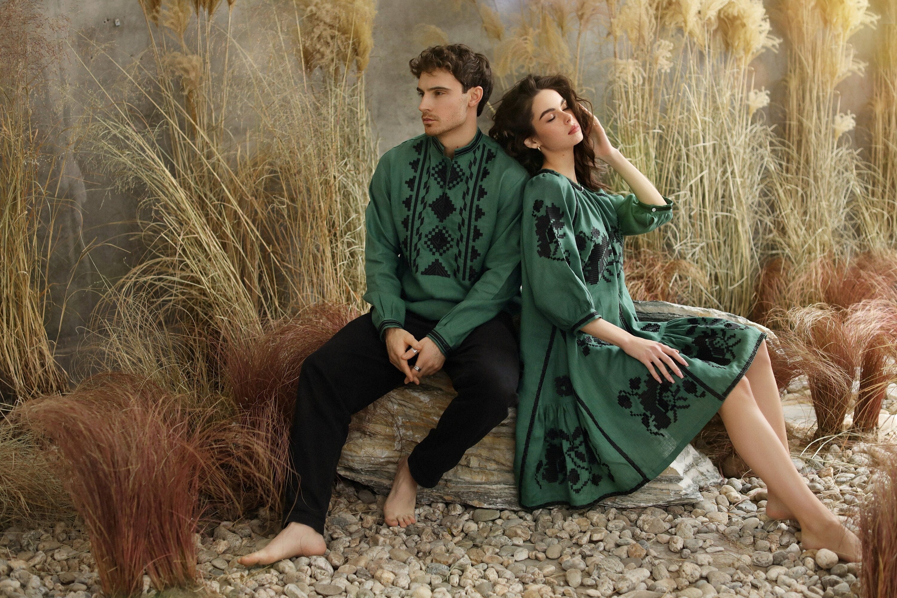 Family Look Green: Women's Dress, Men's Shirt & Daughter's Dress - Embroidered Vyshyvanka for Mother's Day