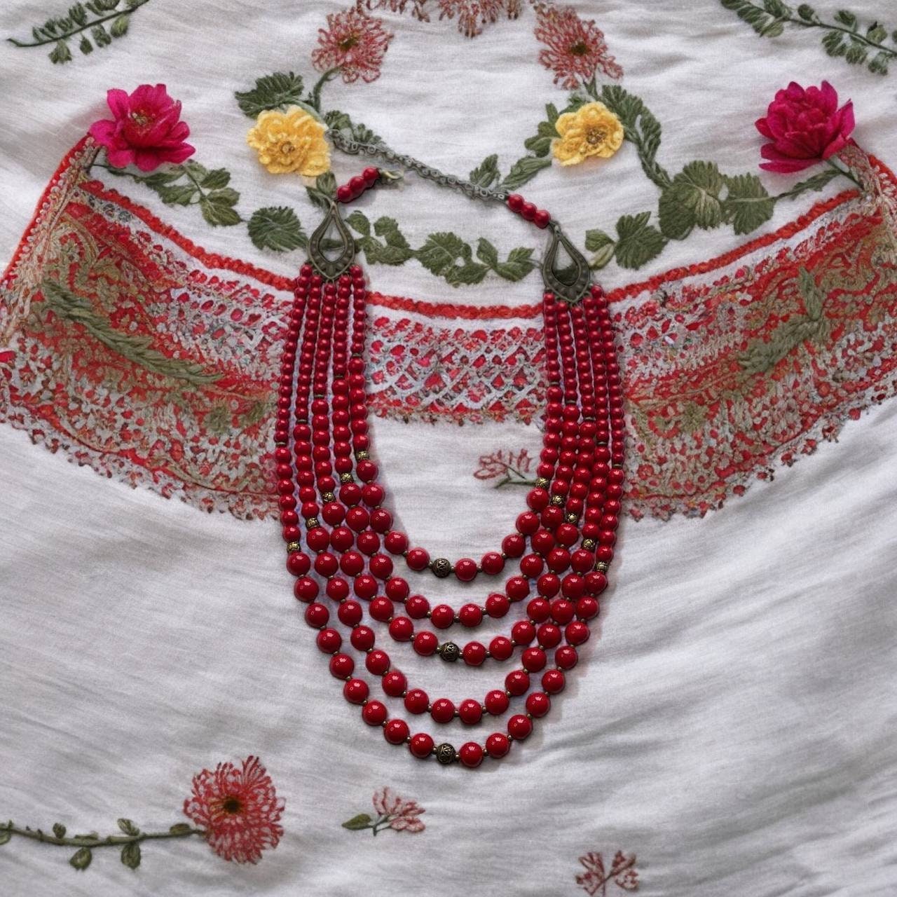 Ukrainian Traditional Pressed Coral Necklace - Ethnic Christmas Jewelry